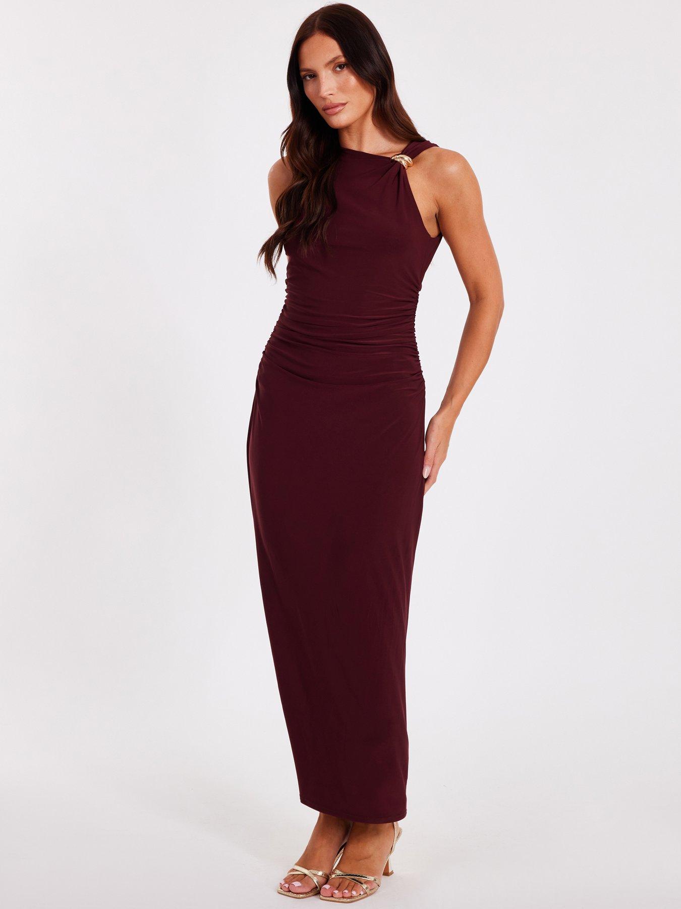 Image 3 of 6 of Quiz Dark Red Gold Buckle Midaxi Dress