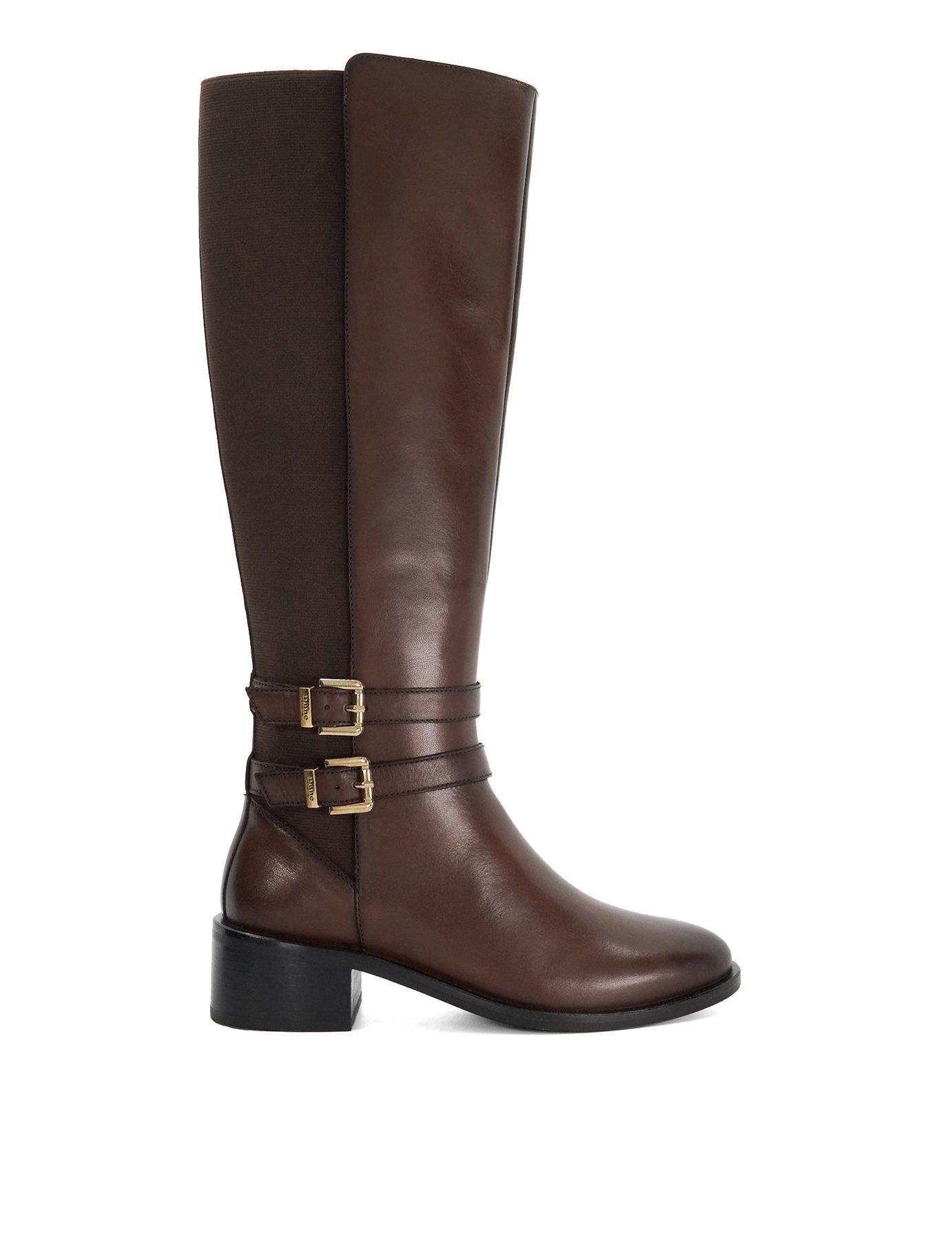 Image 2 of 6 of Dune London Tatter Leather Knee High Riding Boots - Brown
