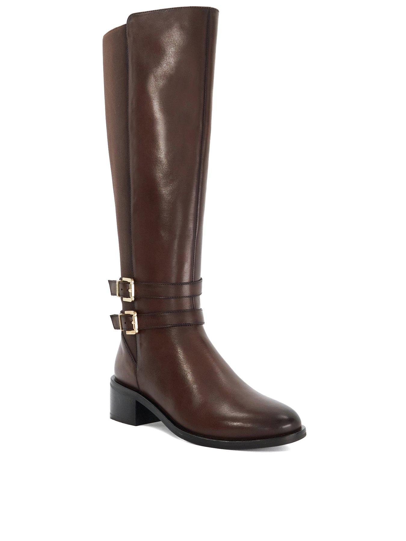 Image 4 of 6 of Dune London Tatter Leather Knee High Riding Boots - Brown