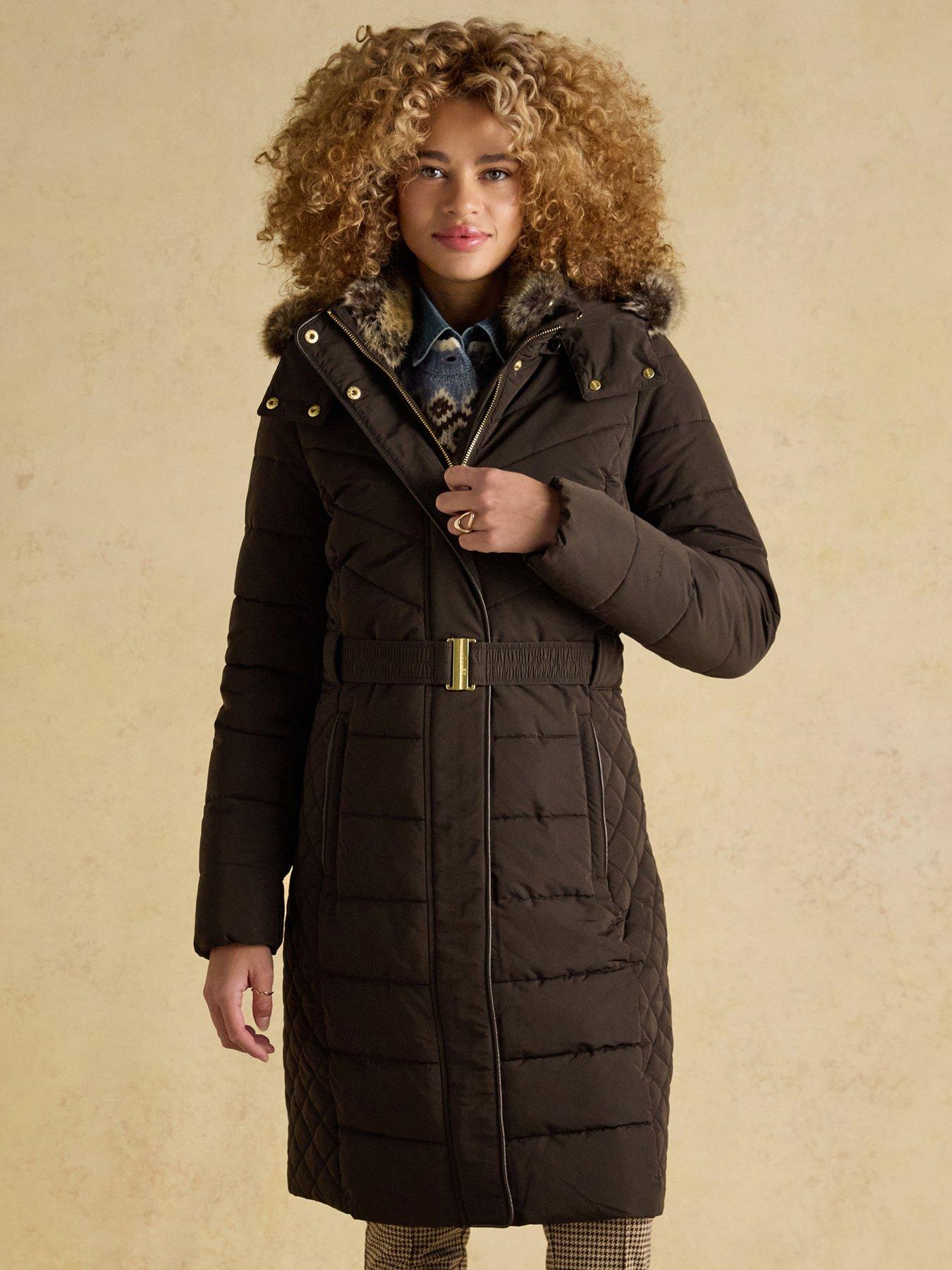 Joules Showerproof Longline Padded Coat With Faux Fur Hood - Brown