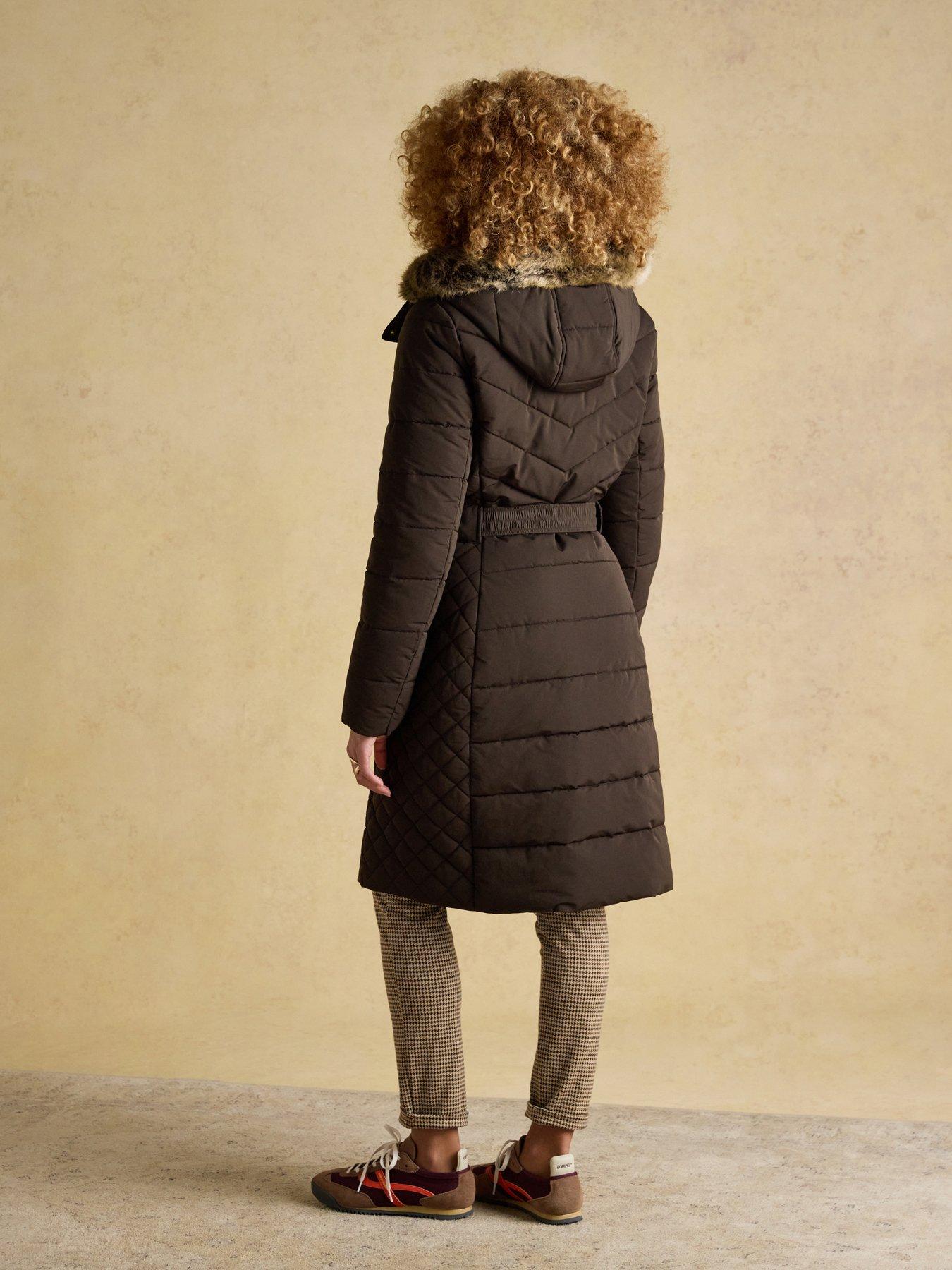 Image 2 of 6 of Joules Showerproof Longline Padded Coat With Faux Fur Hood - Brown