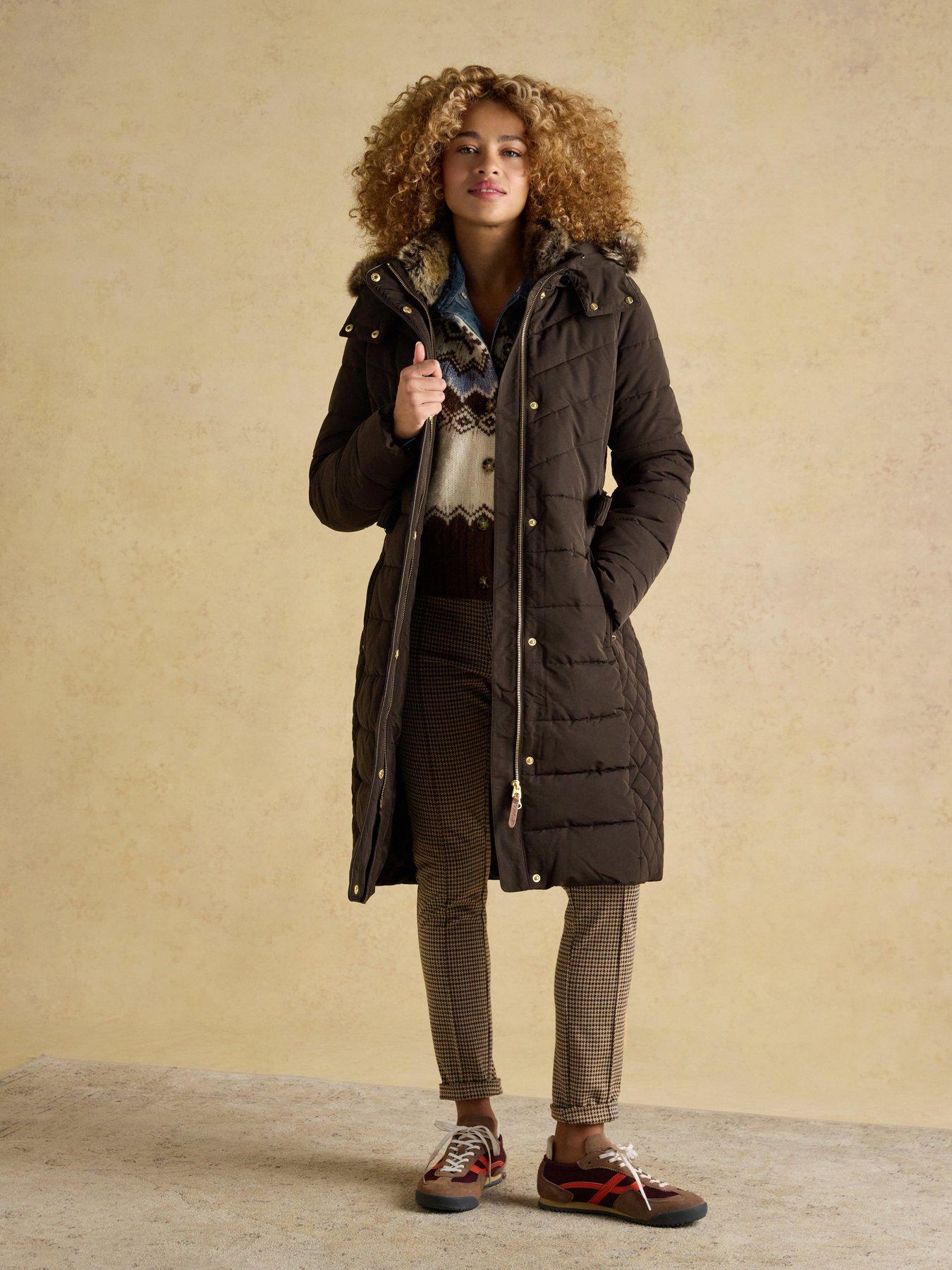 Image 3 of 6 of Joules Showerproof Longline Padded Coat With Faux Fur Hood - Brown