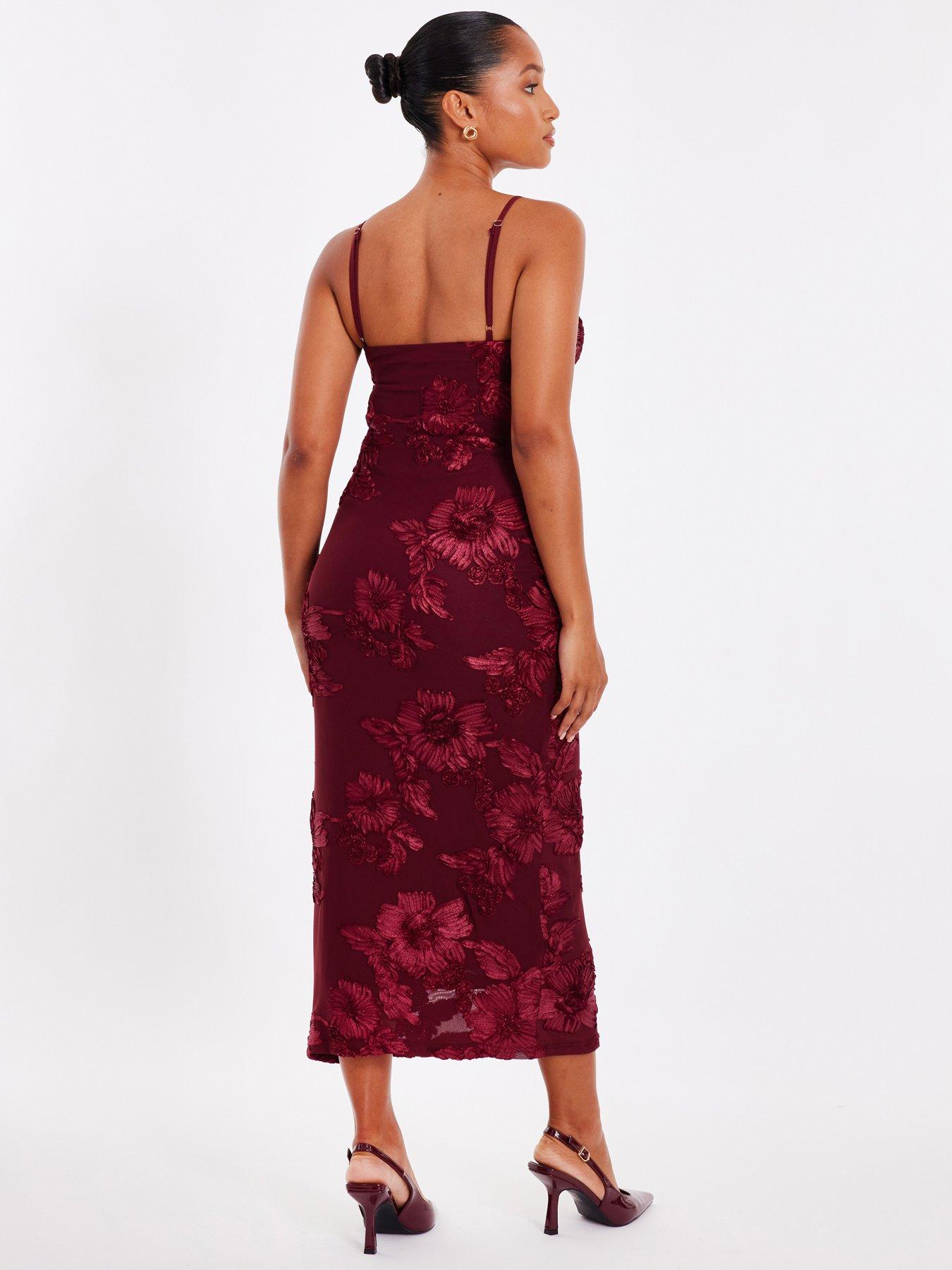  image of quiz-petite-dark-red-floral-applique-midaxi-dress