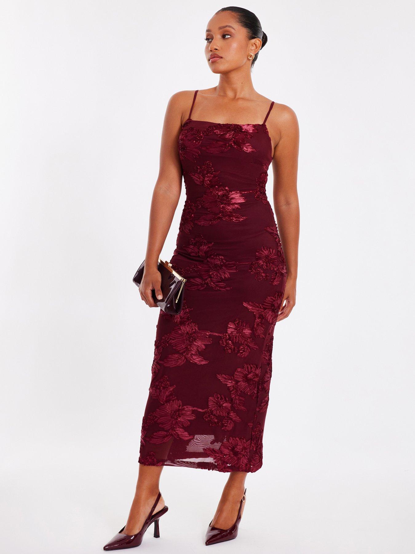  image of quiz-petite-dark-red-floral-applique-midaxi-dress