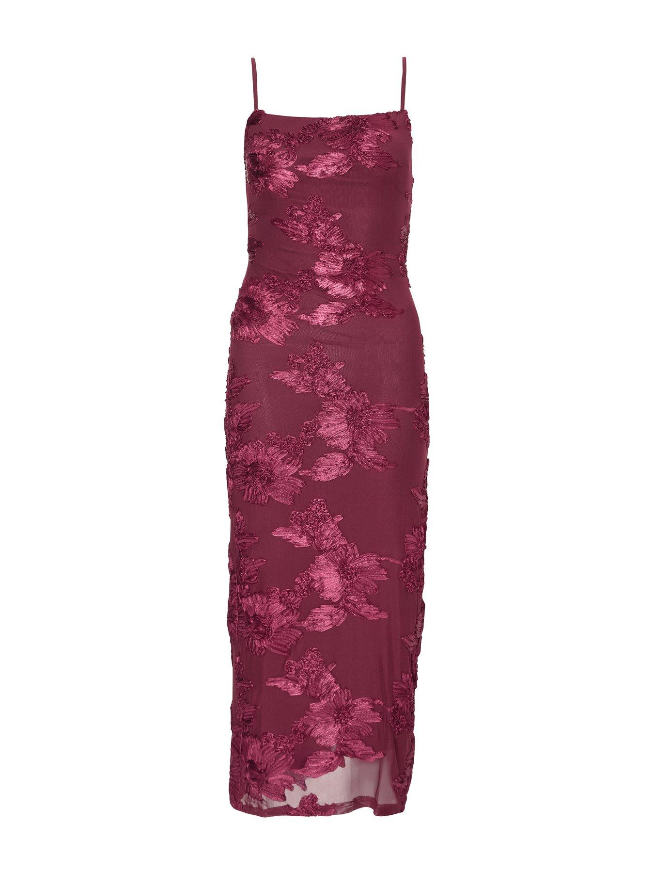  image of quiz-petite-dark-red-floral-applique-midaxi-dress