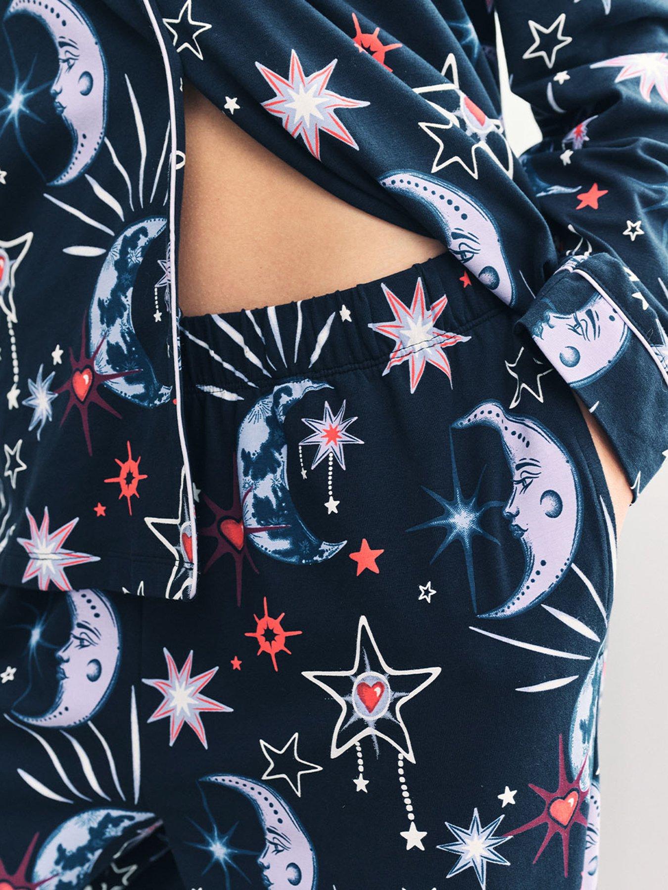 Image 3 of 6 of CHELSEA PEERS Long Button Up Set With Moon Print - Navy