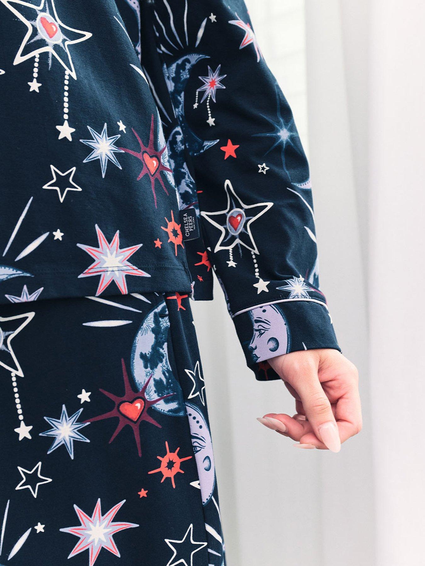 Image 6 of 6 of CHELSEA PEERS Long Button Up Set With Moon Print - Navy
