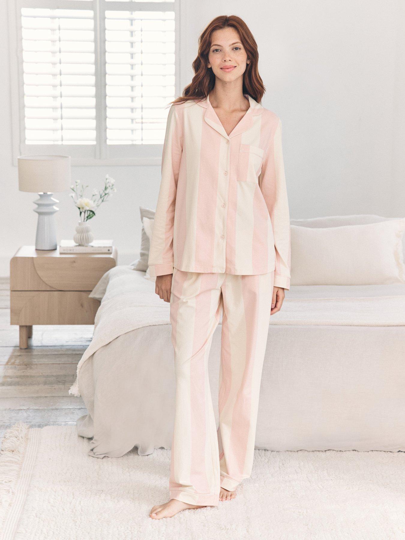 undefined Classic Long Button Up Striped Pyjama Set In Cotton - White/Pink