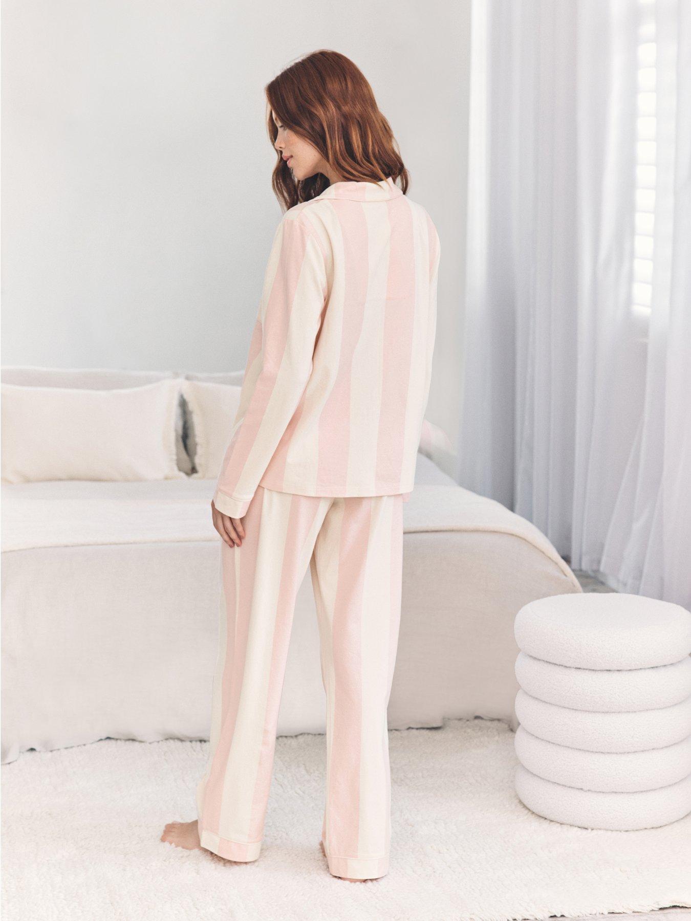 Image 2 of 6 of CHELSEA PEERS Classic Long Button Up Striped Pyjama Set In Cotton - White/Pink