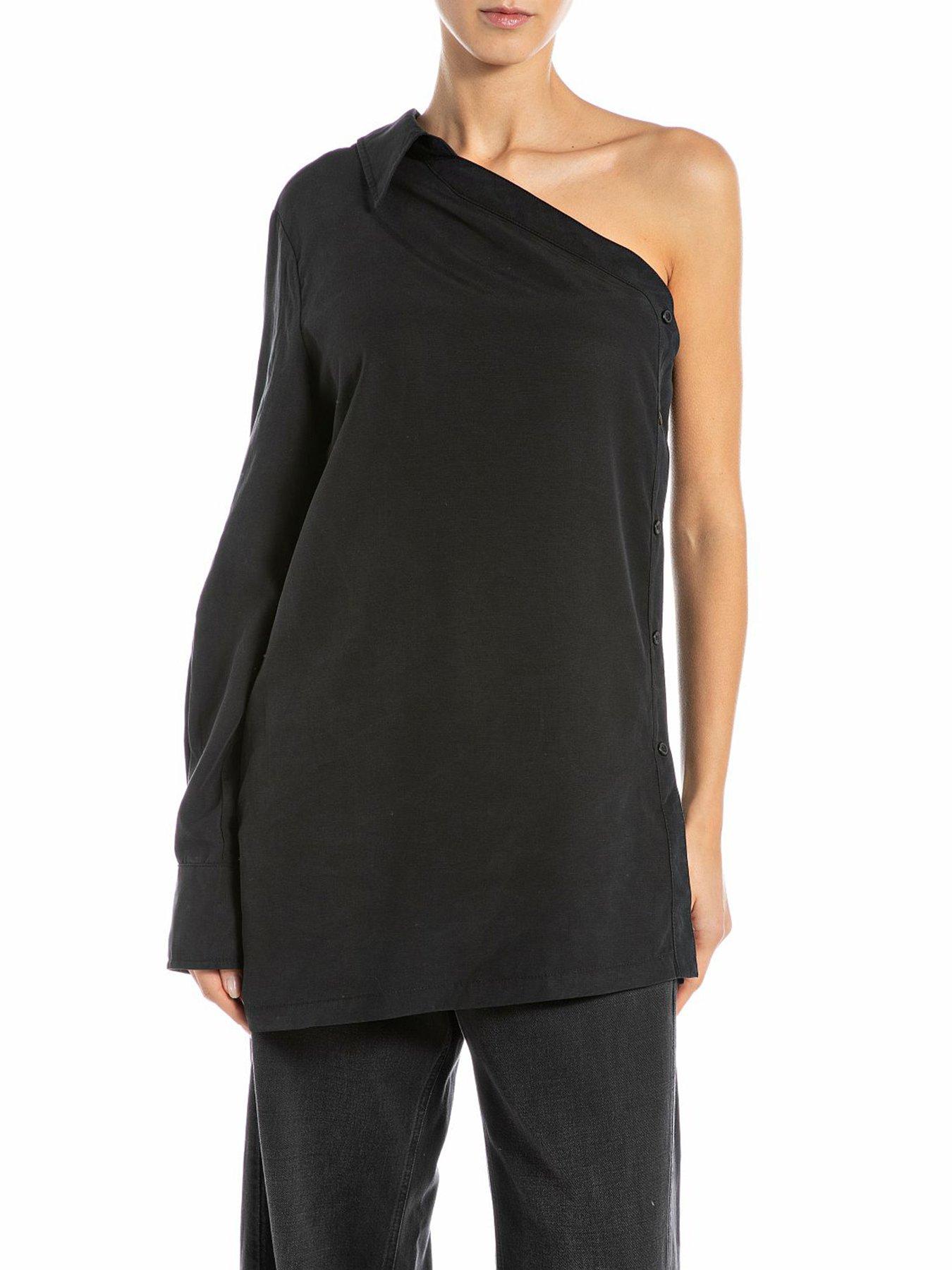 undefined One Shoulder Linen Blend Blouse - Black