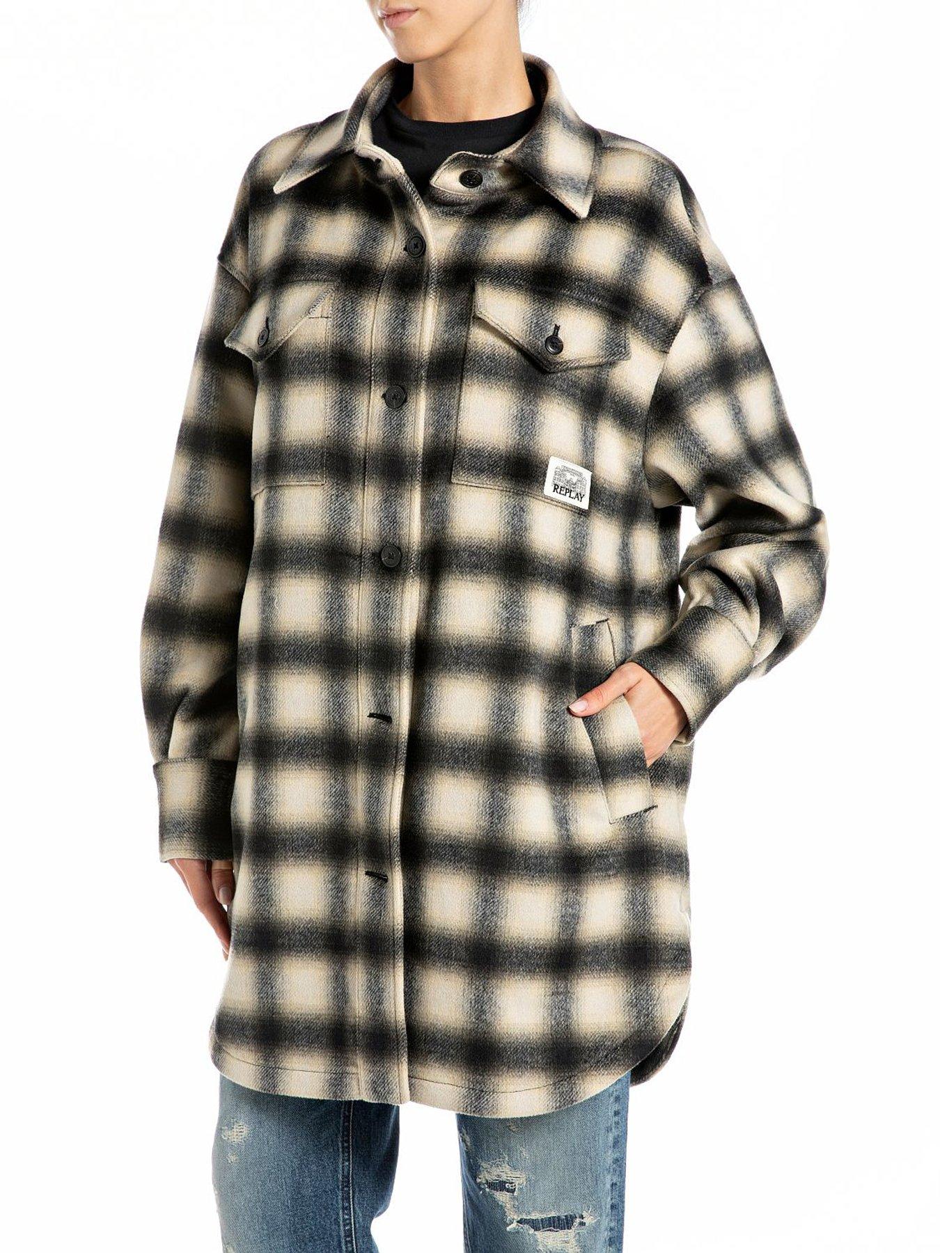 replay-wool-blend-check-shacket-black