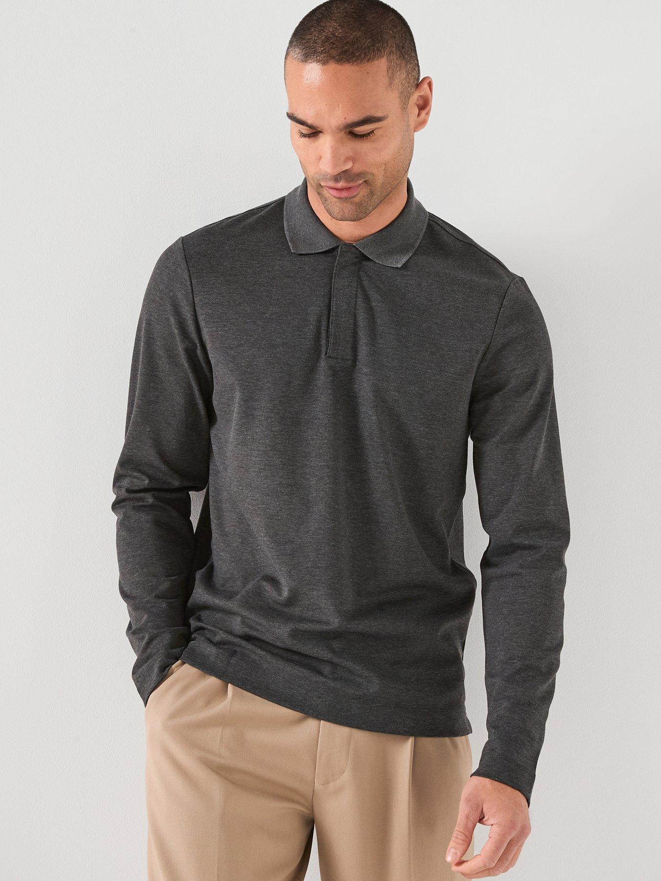 Mango Gareth Concealed Placket Long Sleeve Polo Shirt - Dark Grey