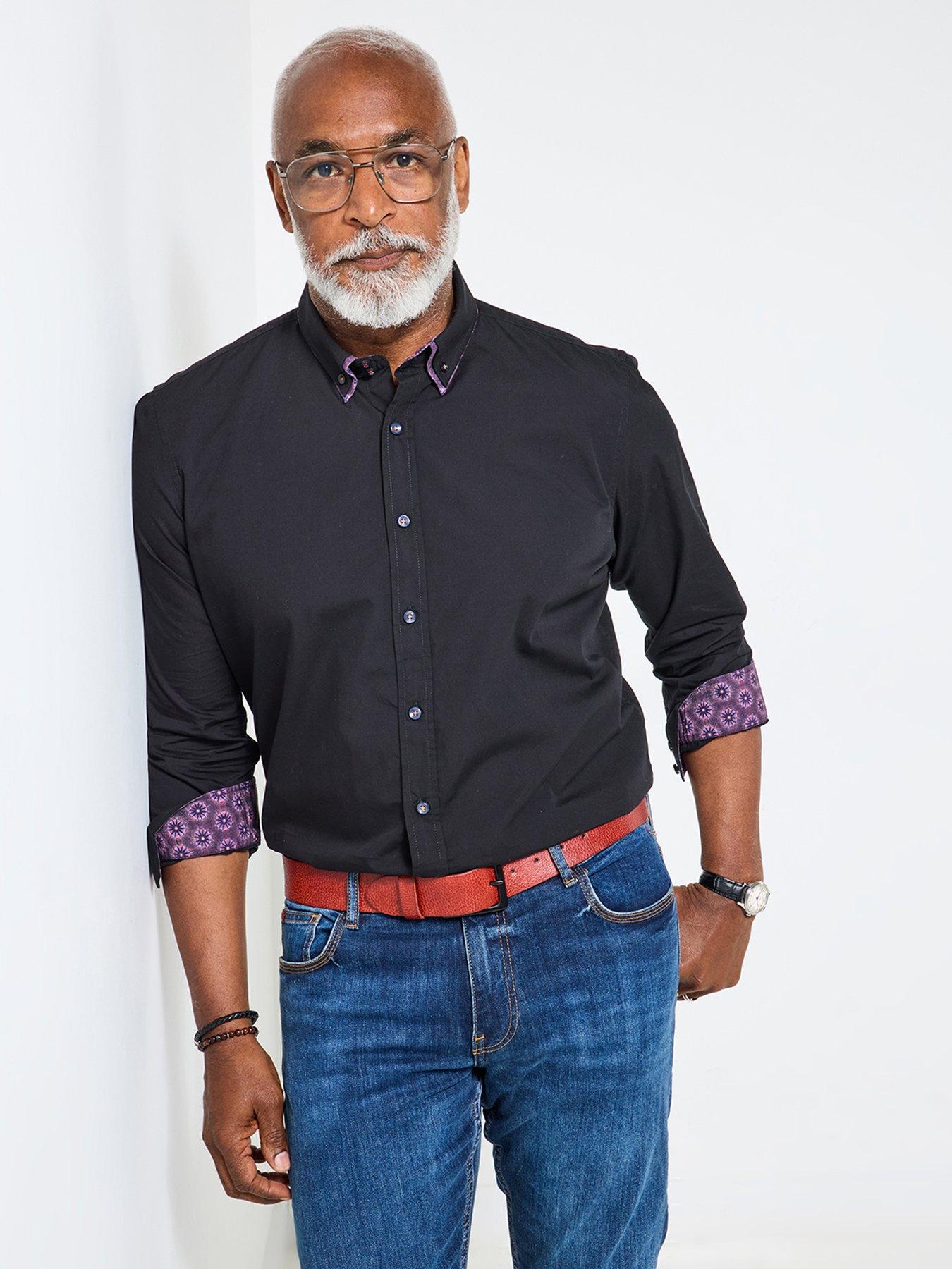 undefined Contrast Trim Double Collar Long Sleeve Shirt - Black