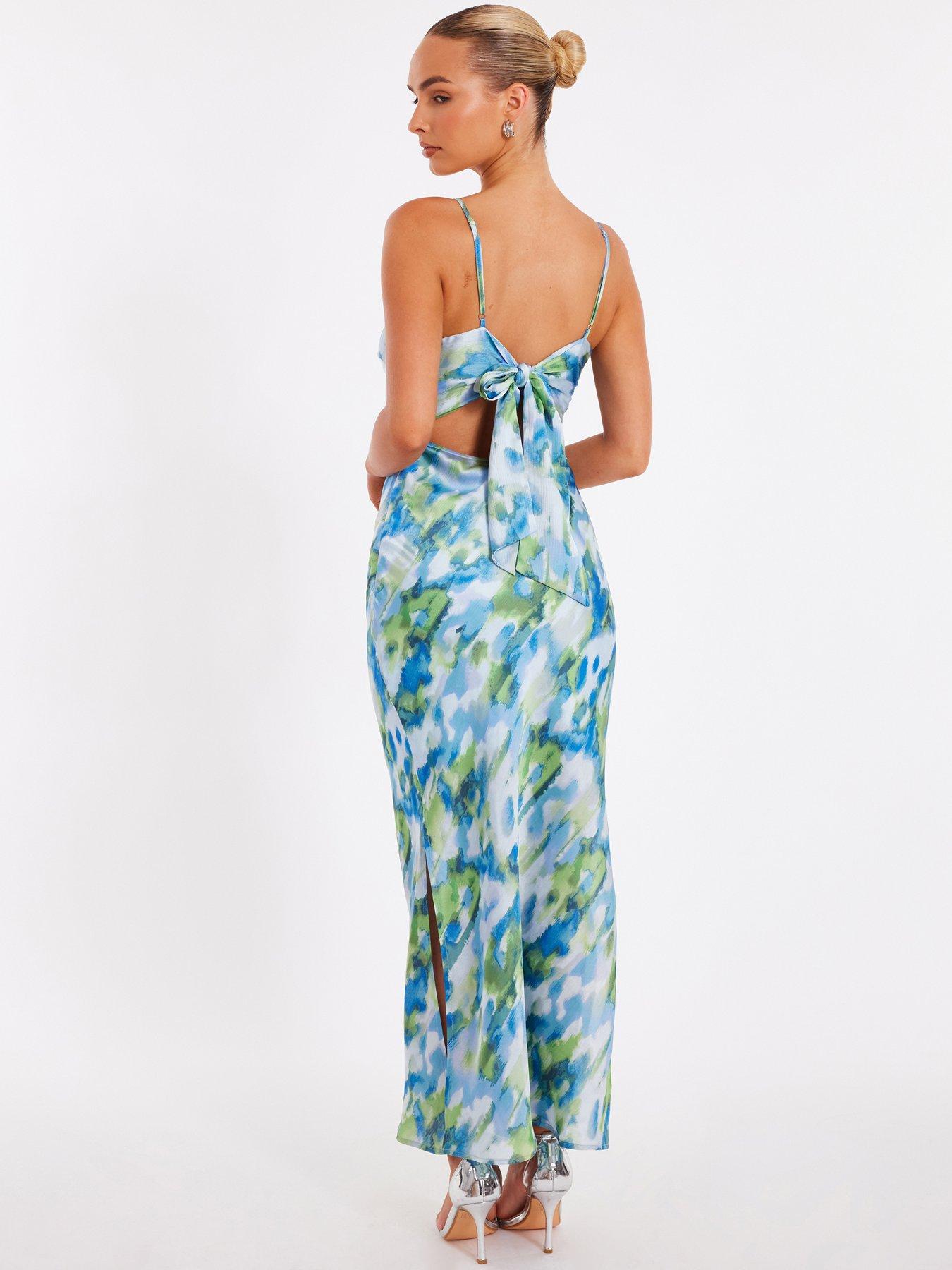 Image 2 of 6 of Quiz Blue Satin Marble Midaxi Dress