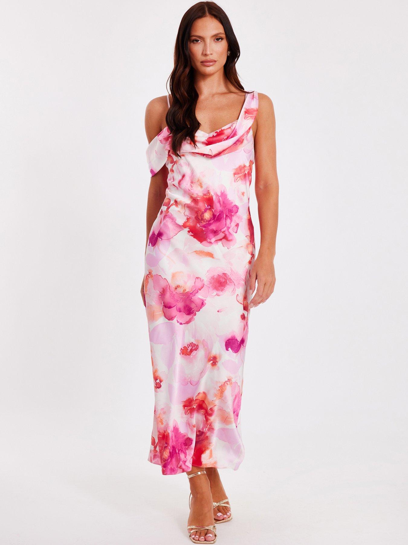 Image 1 of 6 of Quiz Blush Satin Tropical Print Midaxi Dres