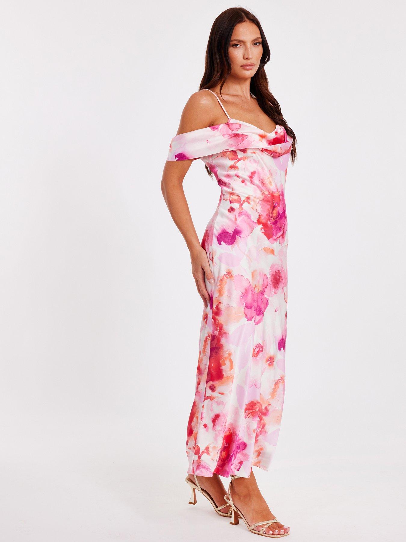 Image 2 of 6 of Quiz Blush Satin Tropical Print Midaxi Dres