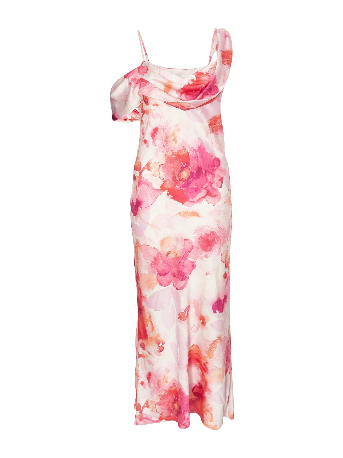 Image 4 of 6 of Quiz Blush Satin Tropical Print Midaxi Dres