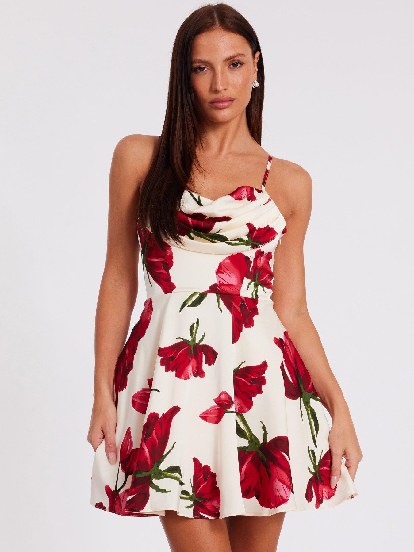 Image 1 of 6 of Quiz Cream Satin Rose Print Mini Dress