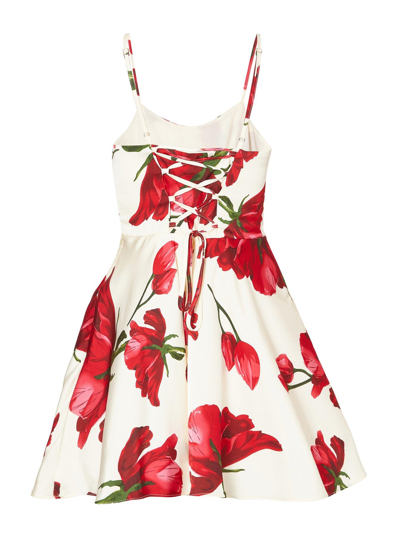 Image 5 of 6 of Quiz Cream Satin Rose Print Mini Dress