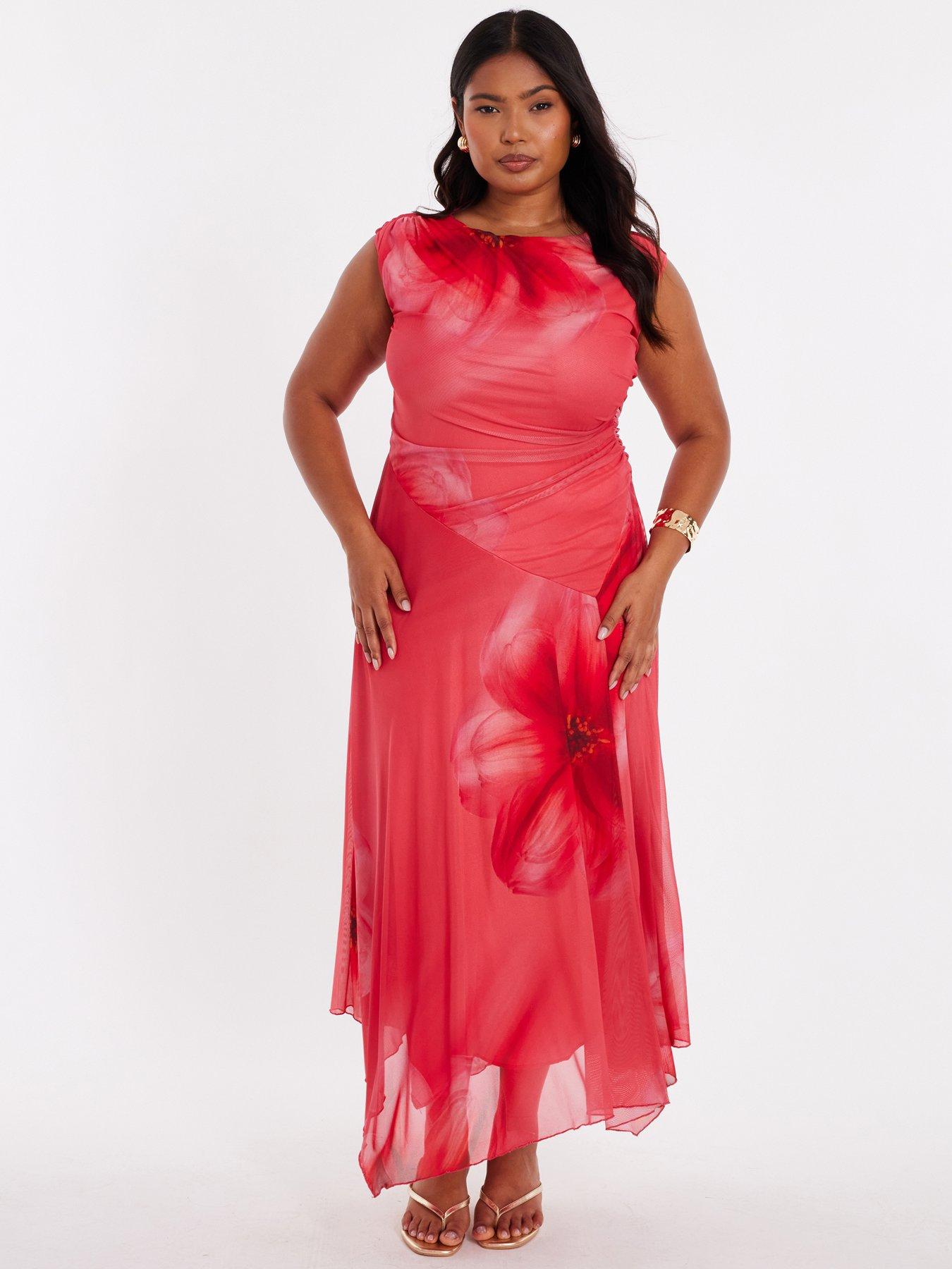 Image 1 of 6 of Quiz Curve Coral Mesh Midaxi Dress