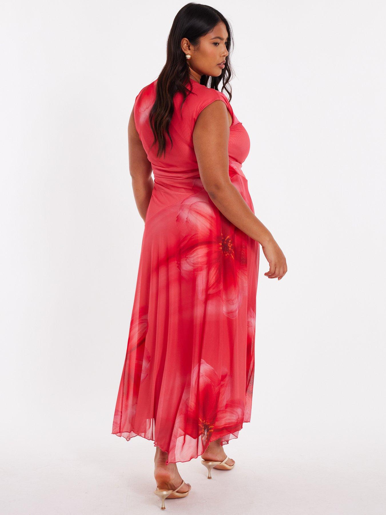 Image 2 of 6 of Quiz Curve Coral Mesh Midaxi Dress