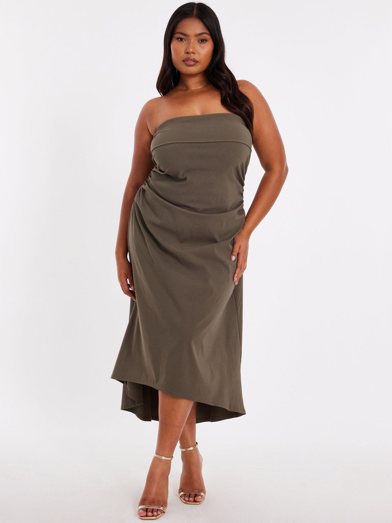 Image 1 of 6 of Quiz Curve Khaki Bandeau Midi Dress
