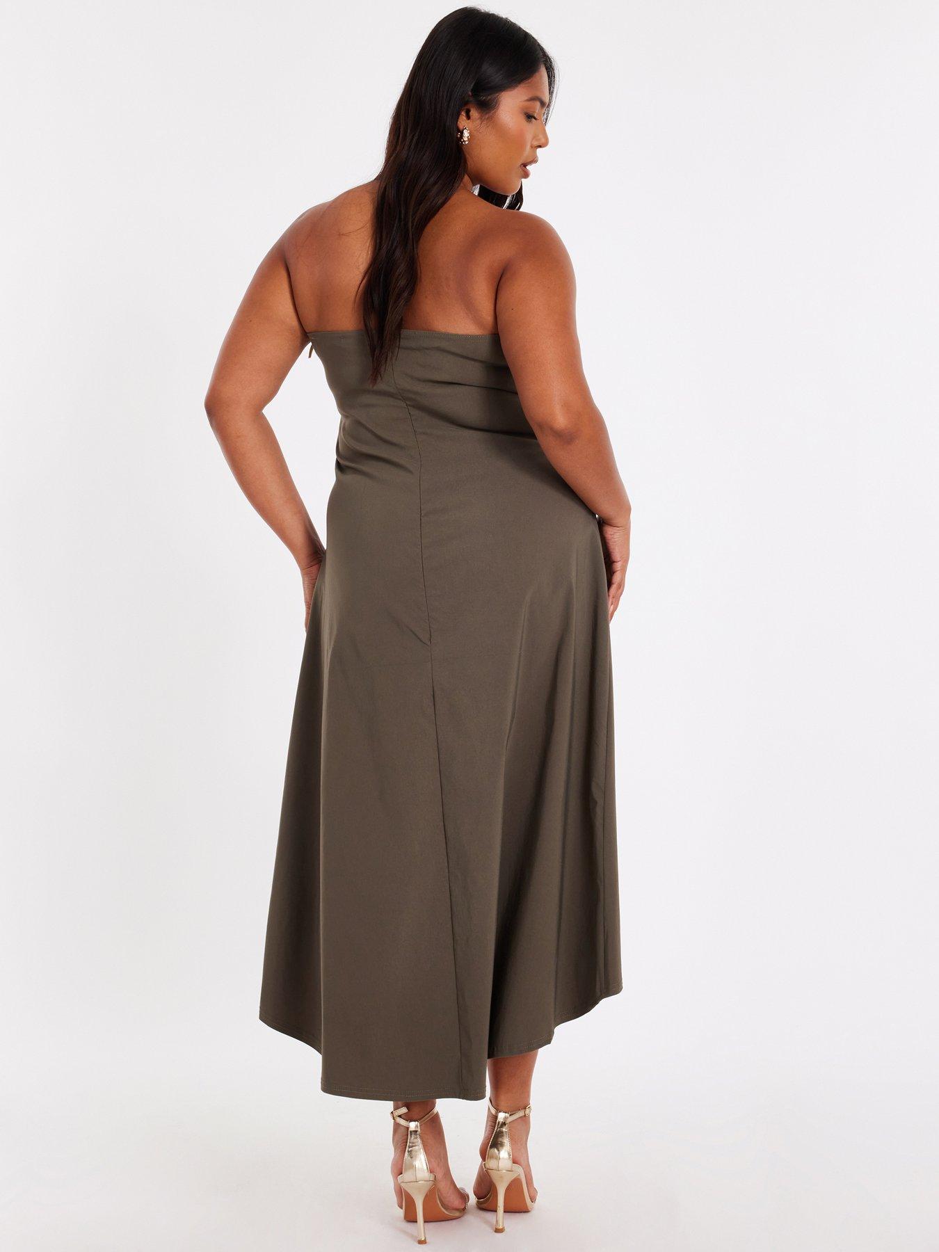 Image 2 of 6 of Quiz Curve Khaki Bandeau Midi Dress