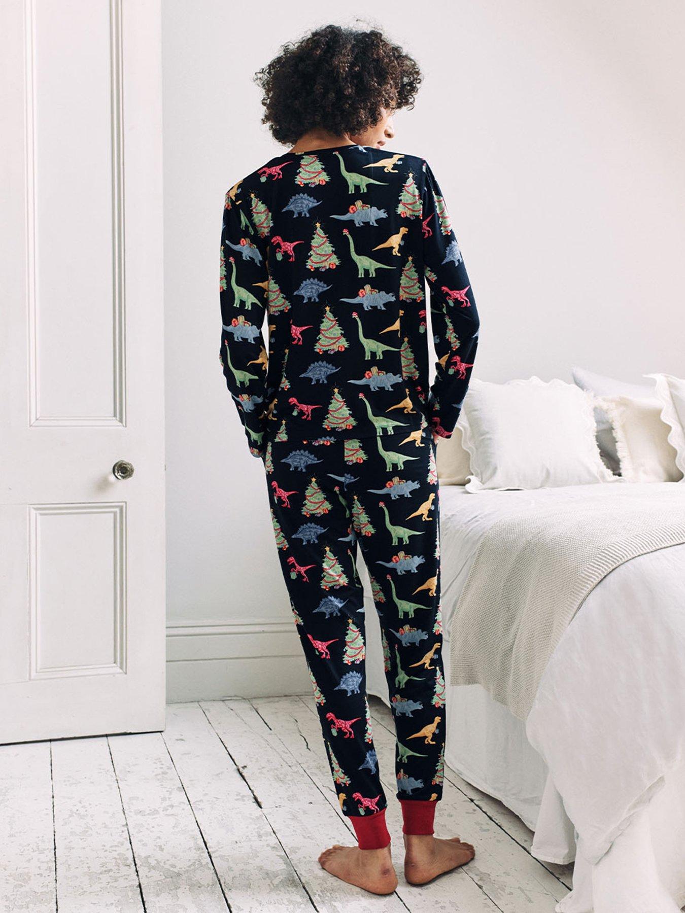  image of chelsea-peers-ladies-christmas-dinosaur-long-sleeve-crew-neck-set-in-polyester-dark-blue