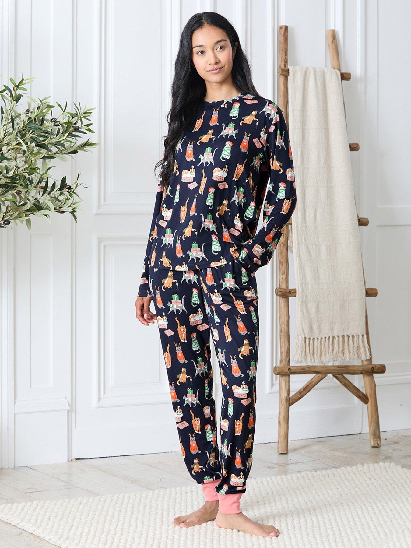Image 1 of 5 of CHELSEA PEERS Christmas Classic Printed Long Sleeve Pyjama Set - Dark Blue