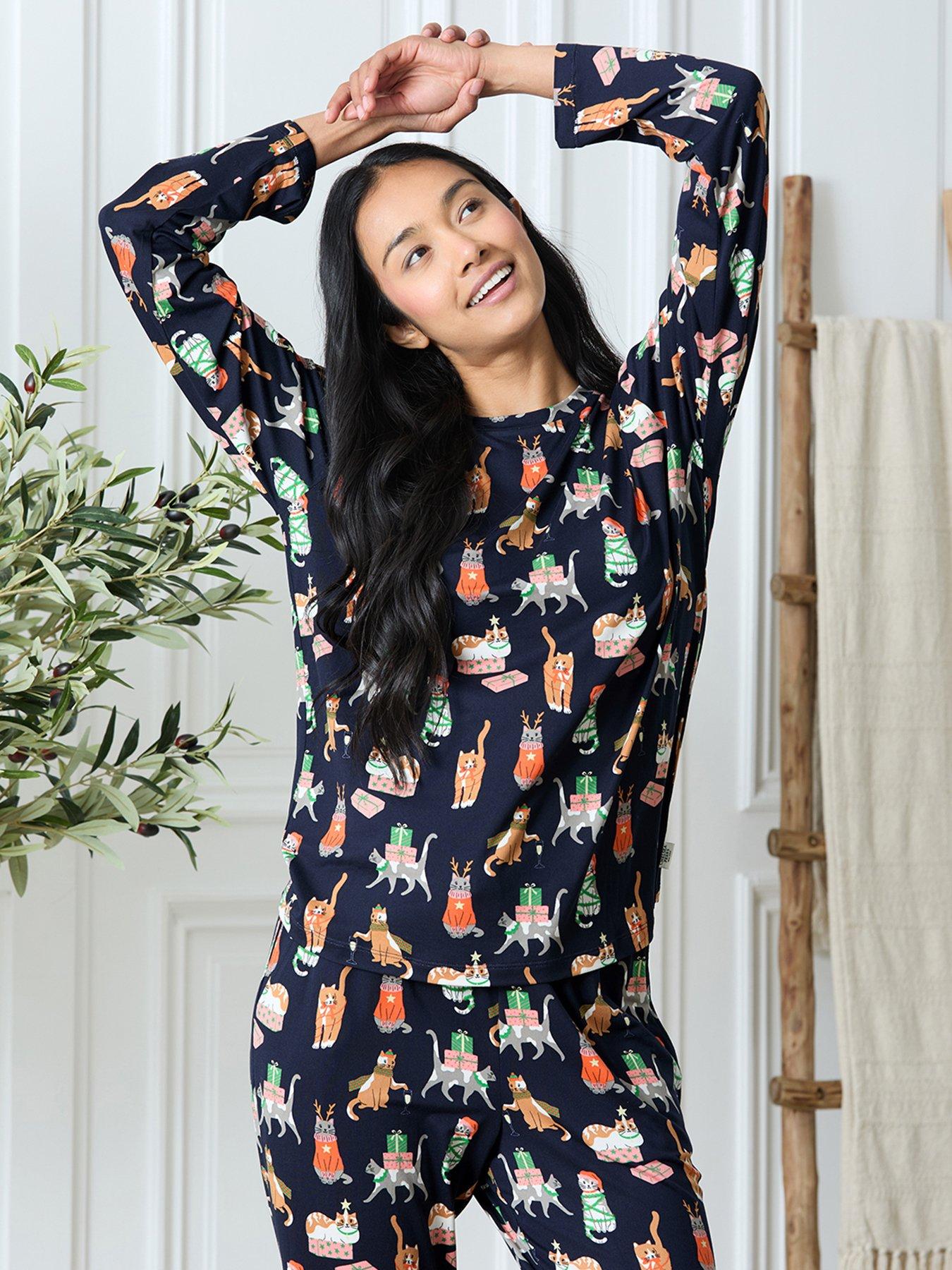 Image 2 of 5 of CHELSEA PEERS Christmas Classic Printed Long Sleeve Pyjama Set - Dark Blue