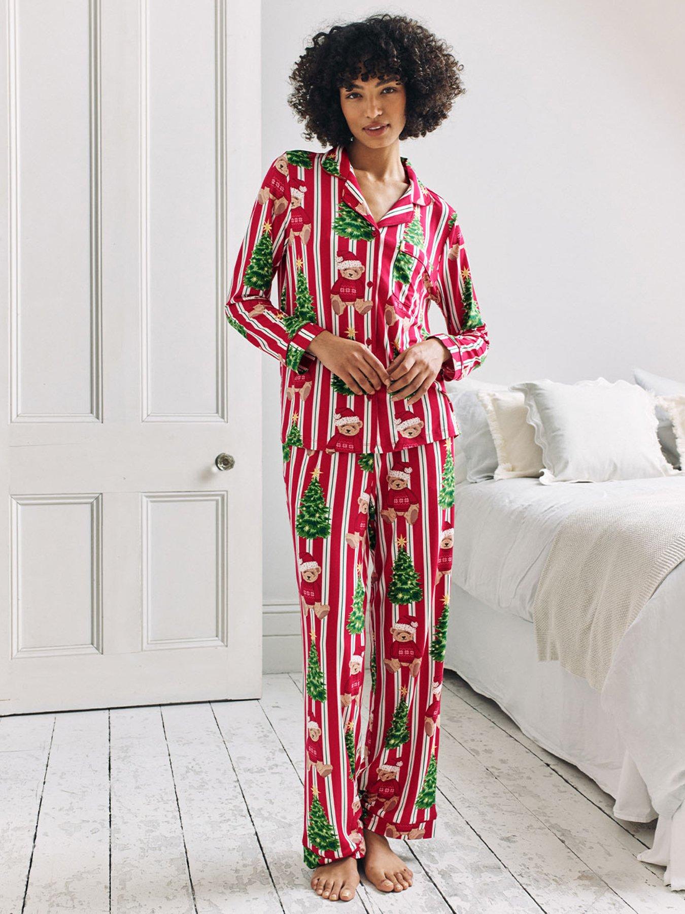 Image 1 of 6 of CHELSEA PEERS Christmas Long Button Up Pyjama Set - Red Print