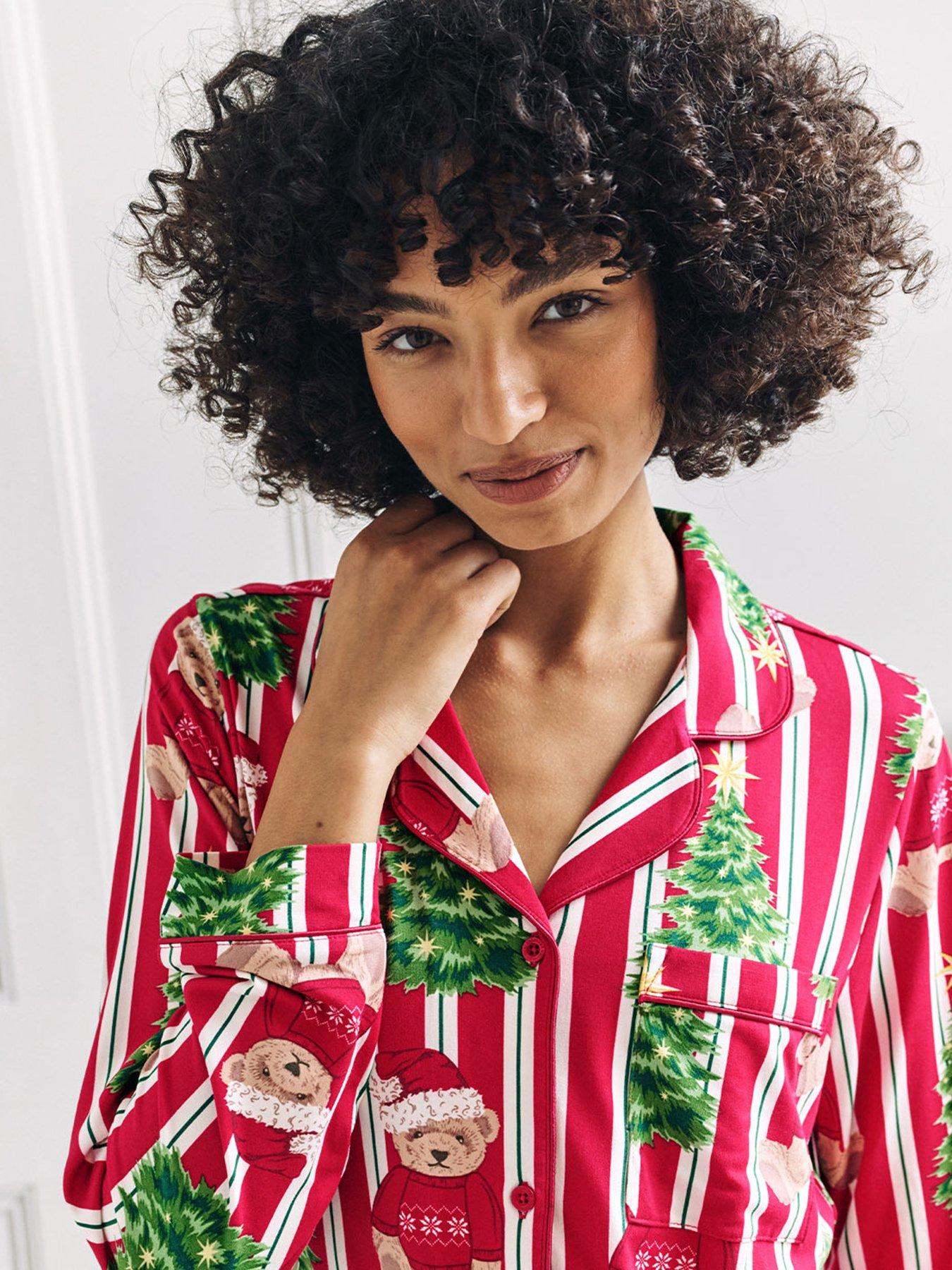 Image 2 of 6 of CHELSEA PEERS Christmas Long Button Up Pyjama Set - Red Print