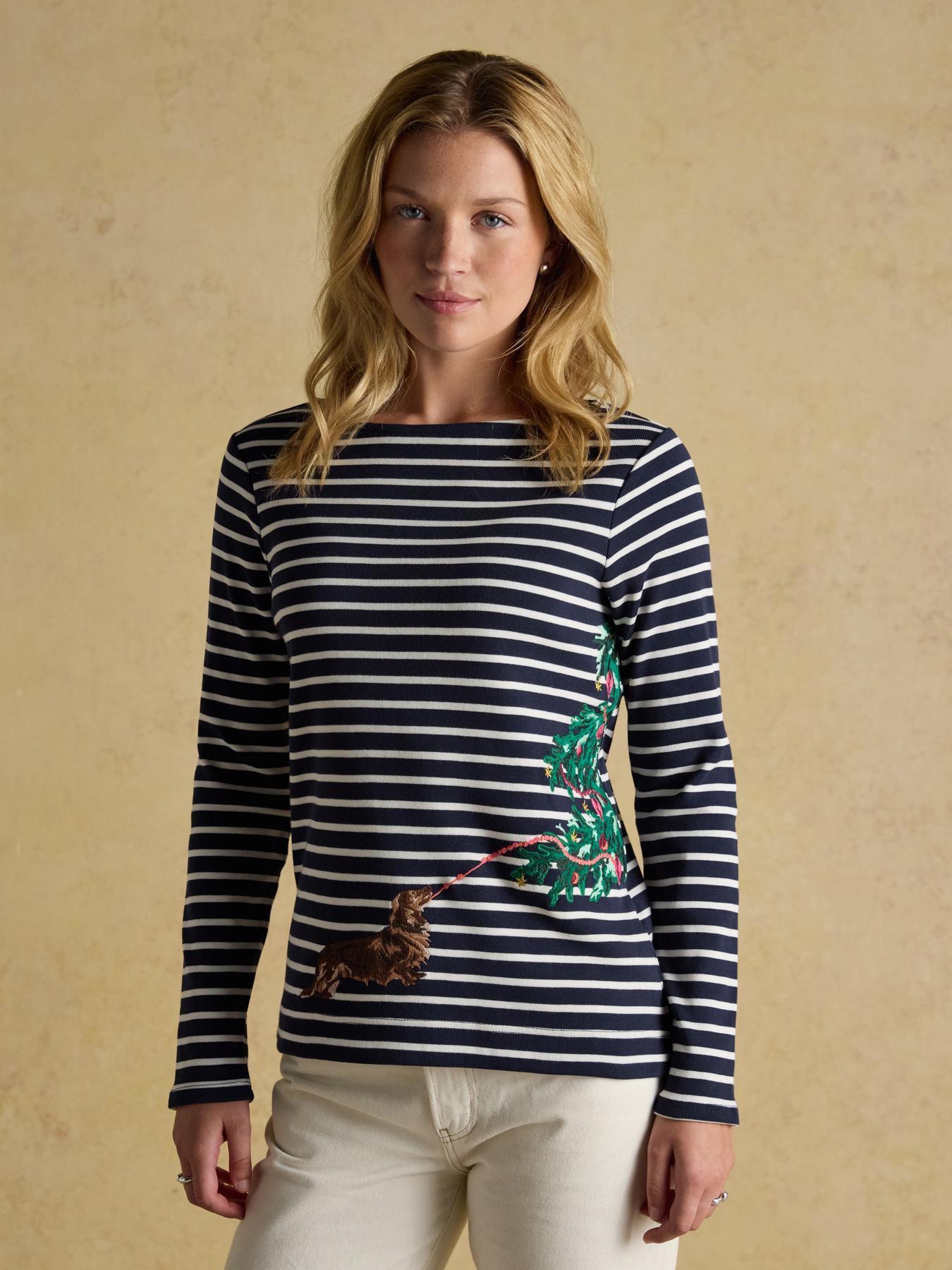 Joules Christmas Dog Boat Neck Breton Top - Navy/Cream