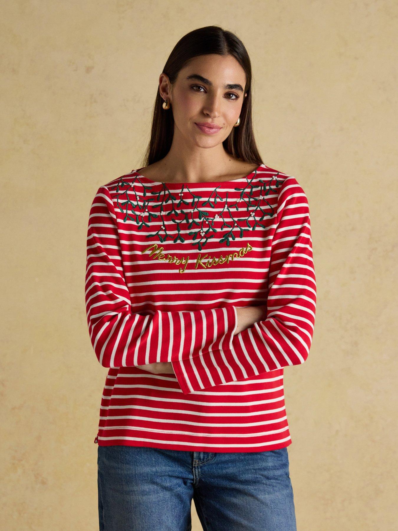 Joules Boat Neck Christmas Breton Top - Red/Cream