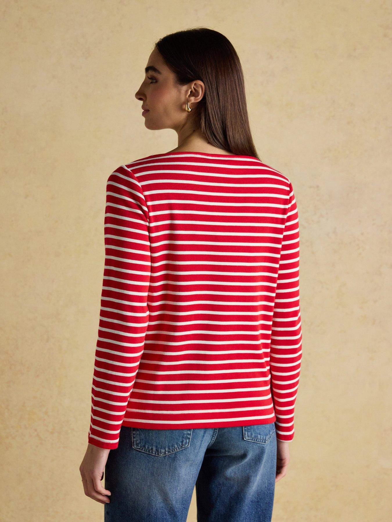 Joules Boat Neck Christmas Breton Top - Red/Cream | Littlewoods