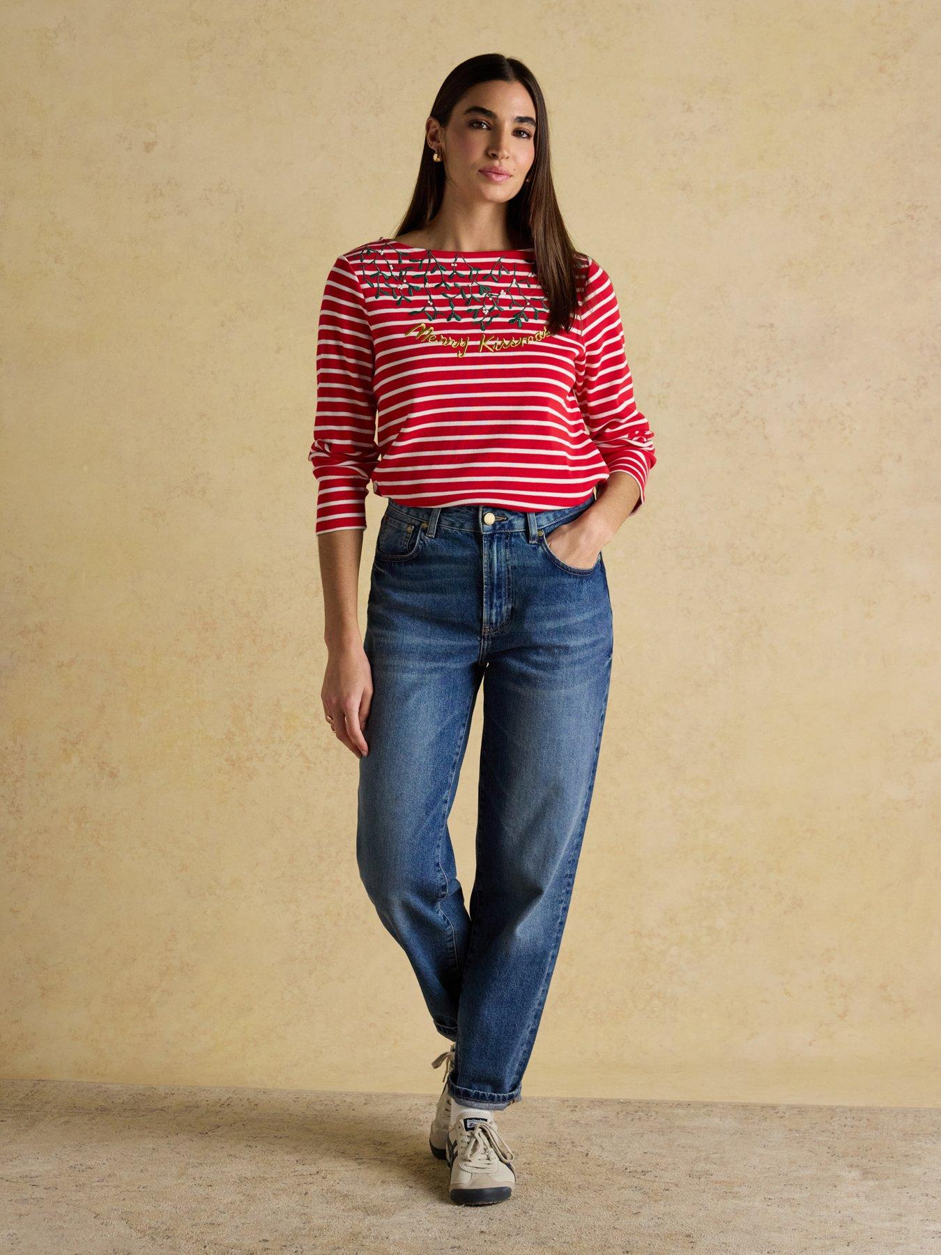  image of joules-boat-neck-christmas-breton-top-redcream