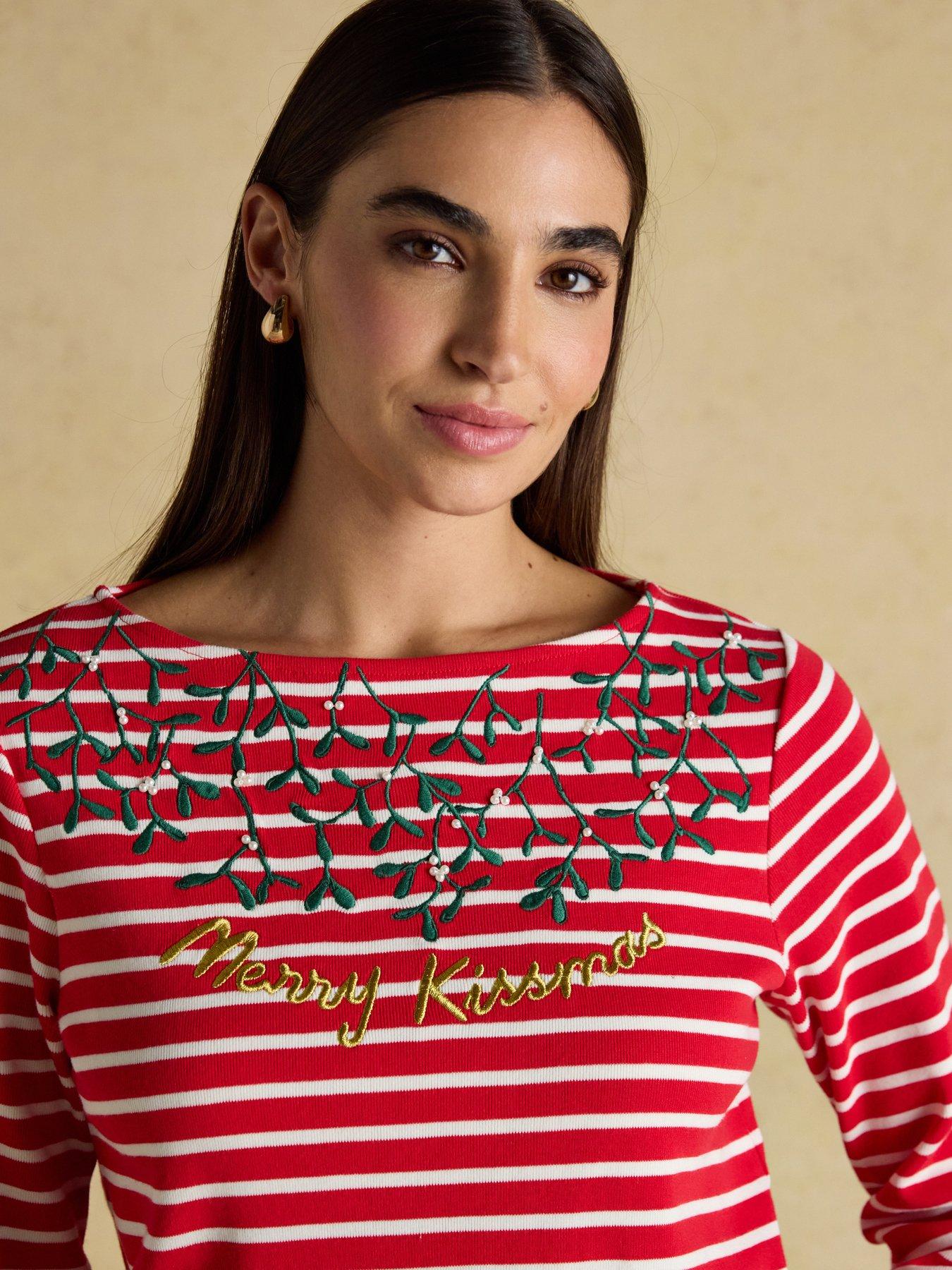  image of joules-boat-neck-christmas-breton-top-redcream