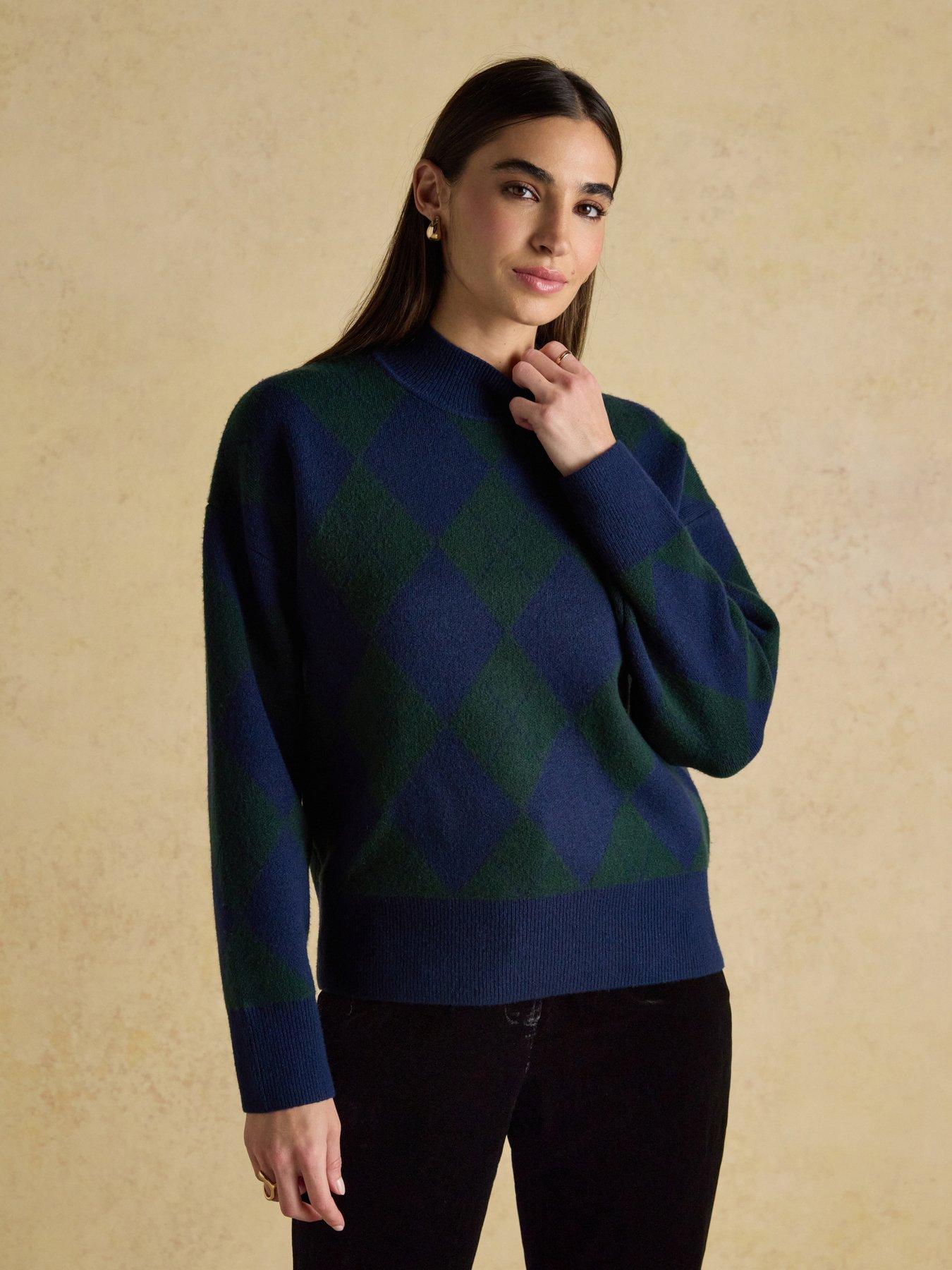Joules Argyle High Neck Jumper - Navy