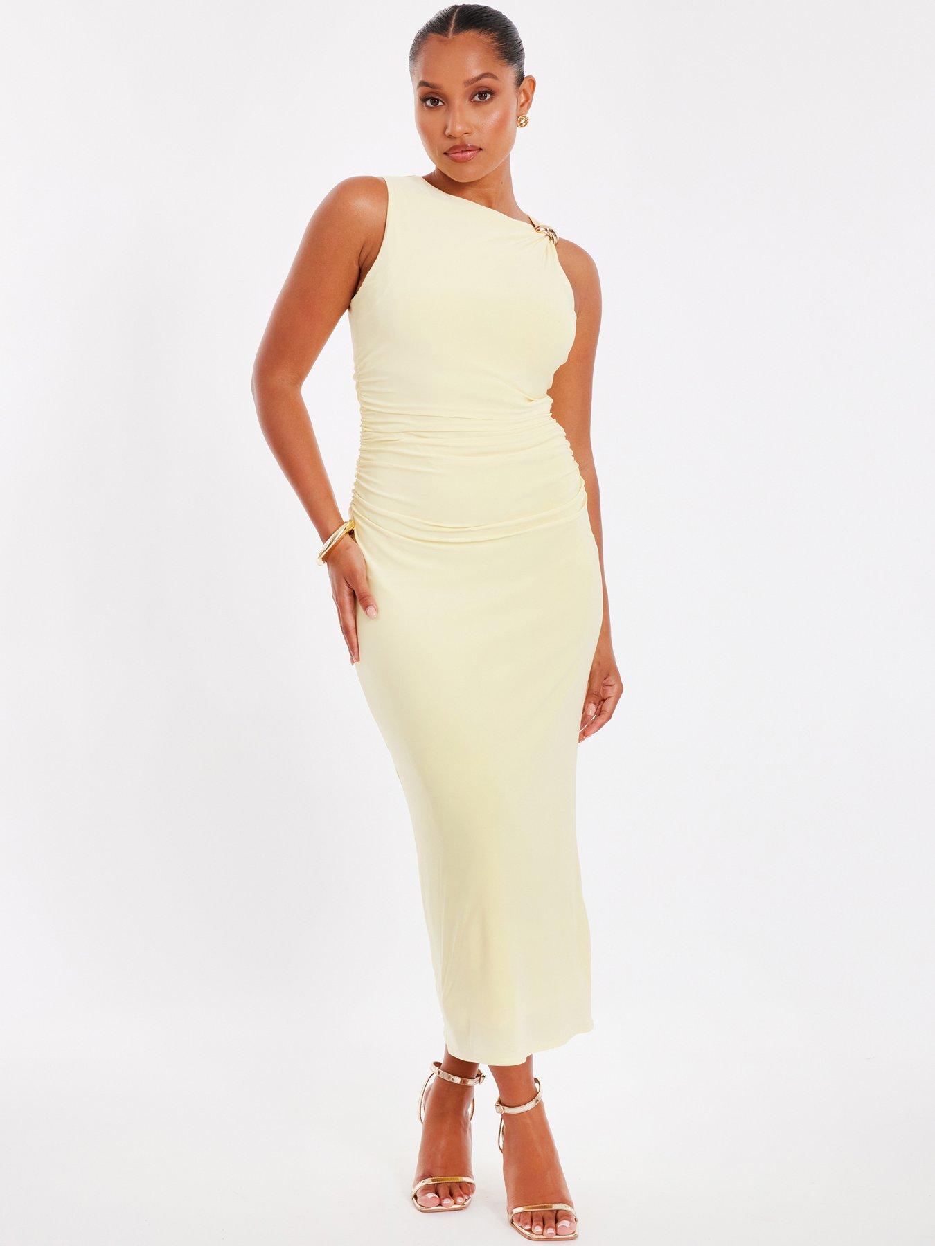 Image 1 of 6 of Quiz Petite Yellow Gold Buckle Midaxi Dress