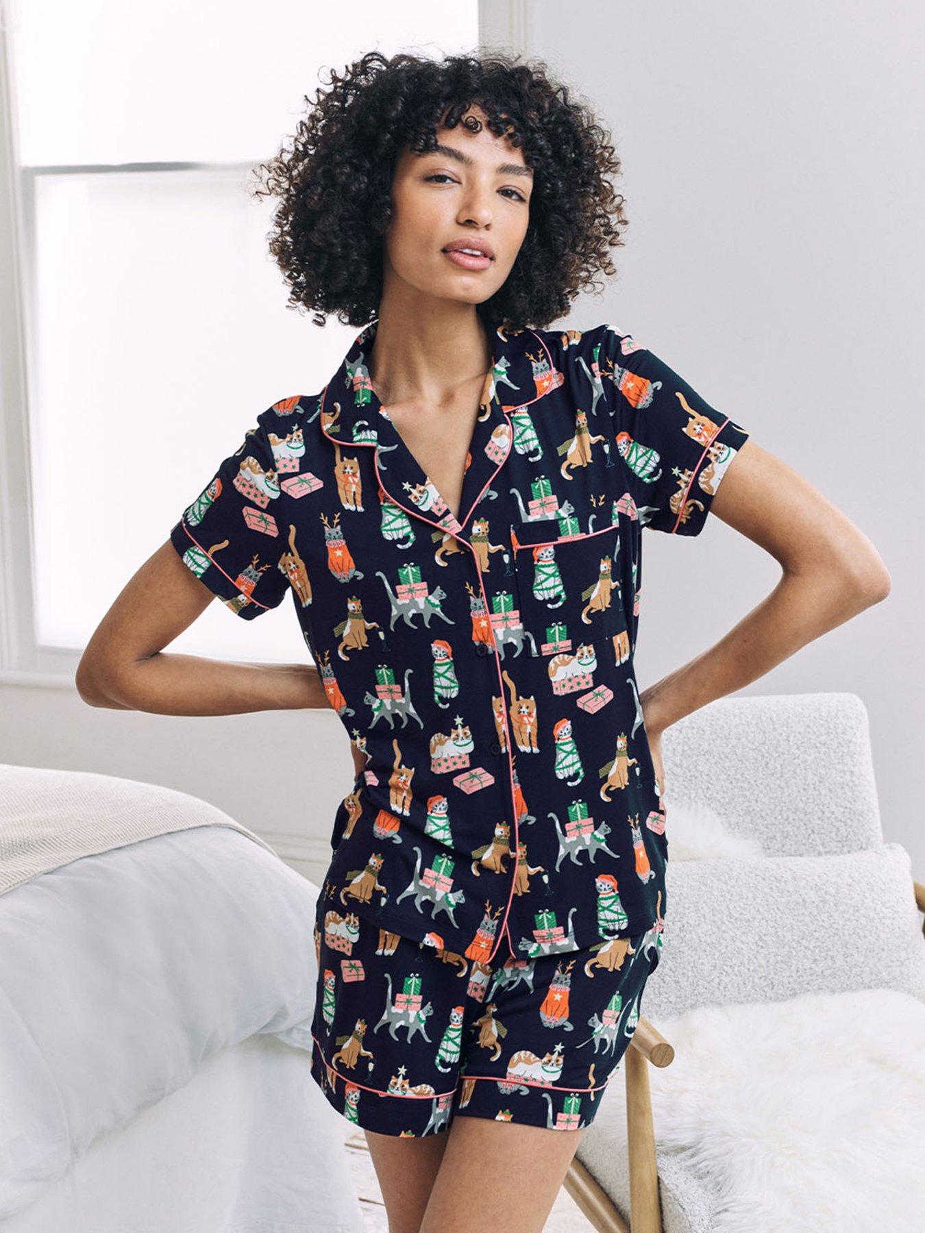 CHELSEA PEERS Short Button Up Christmas Cat Pyjama Set - Dark Blue