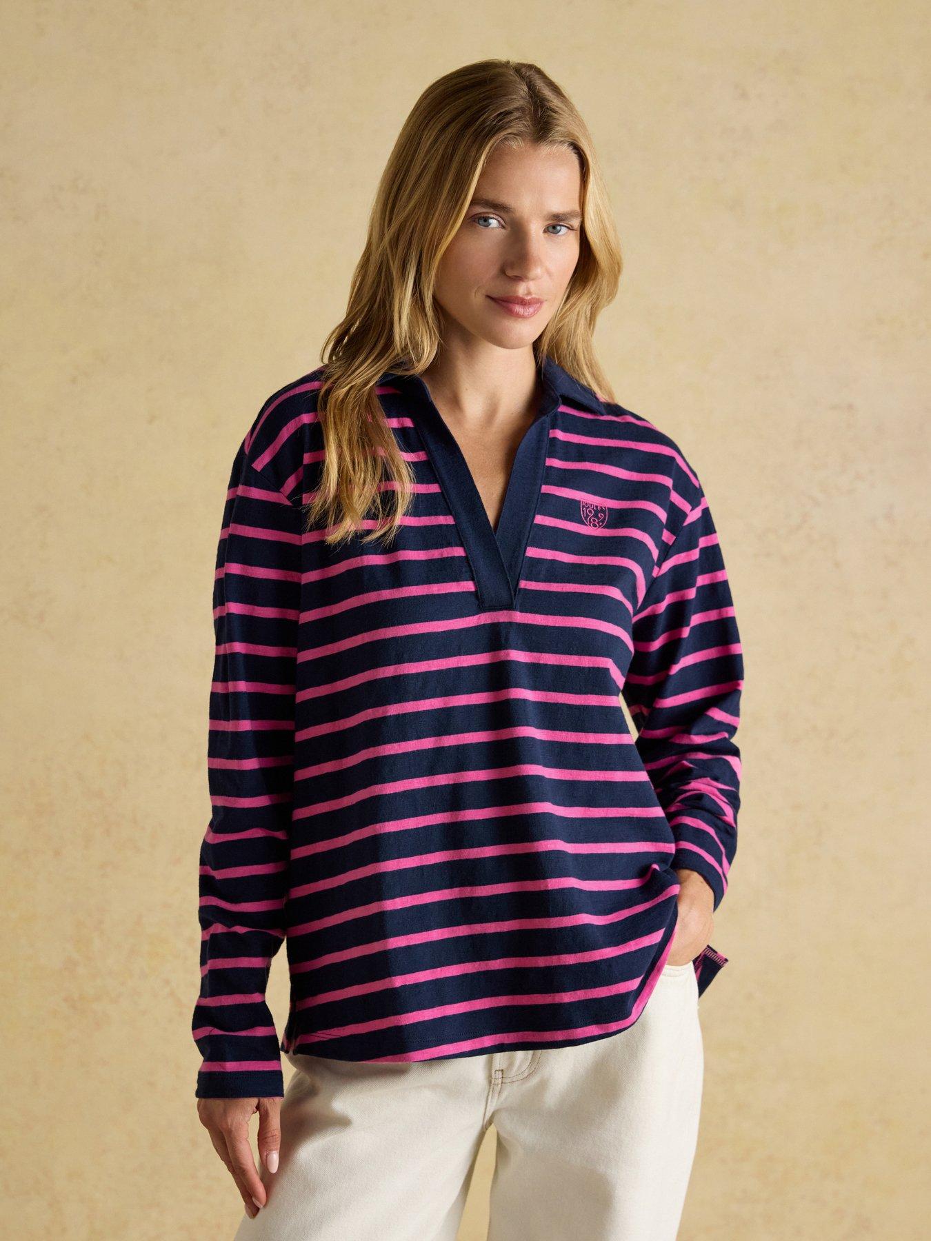 Joules Combed Cotton Collared Top - Navy/pink