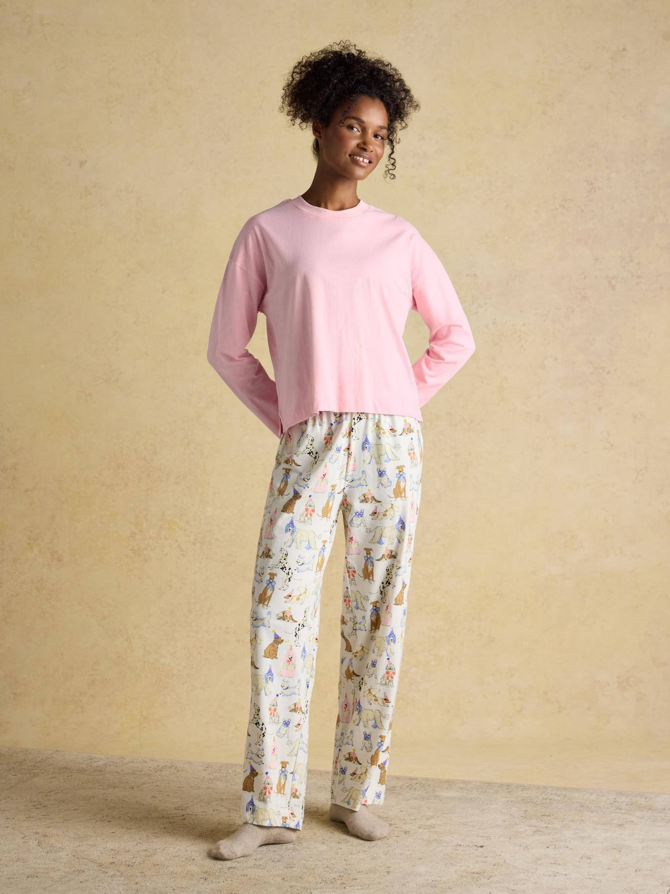  image of joules-lyla-party-dogs-long-sleeve-jersey-cotton-pyjama-set-pinkcream