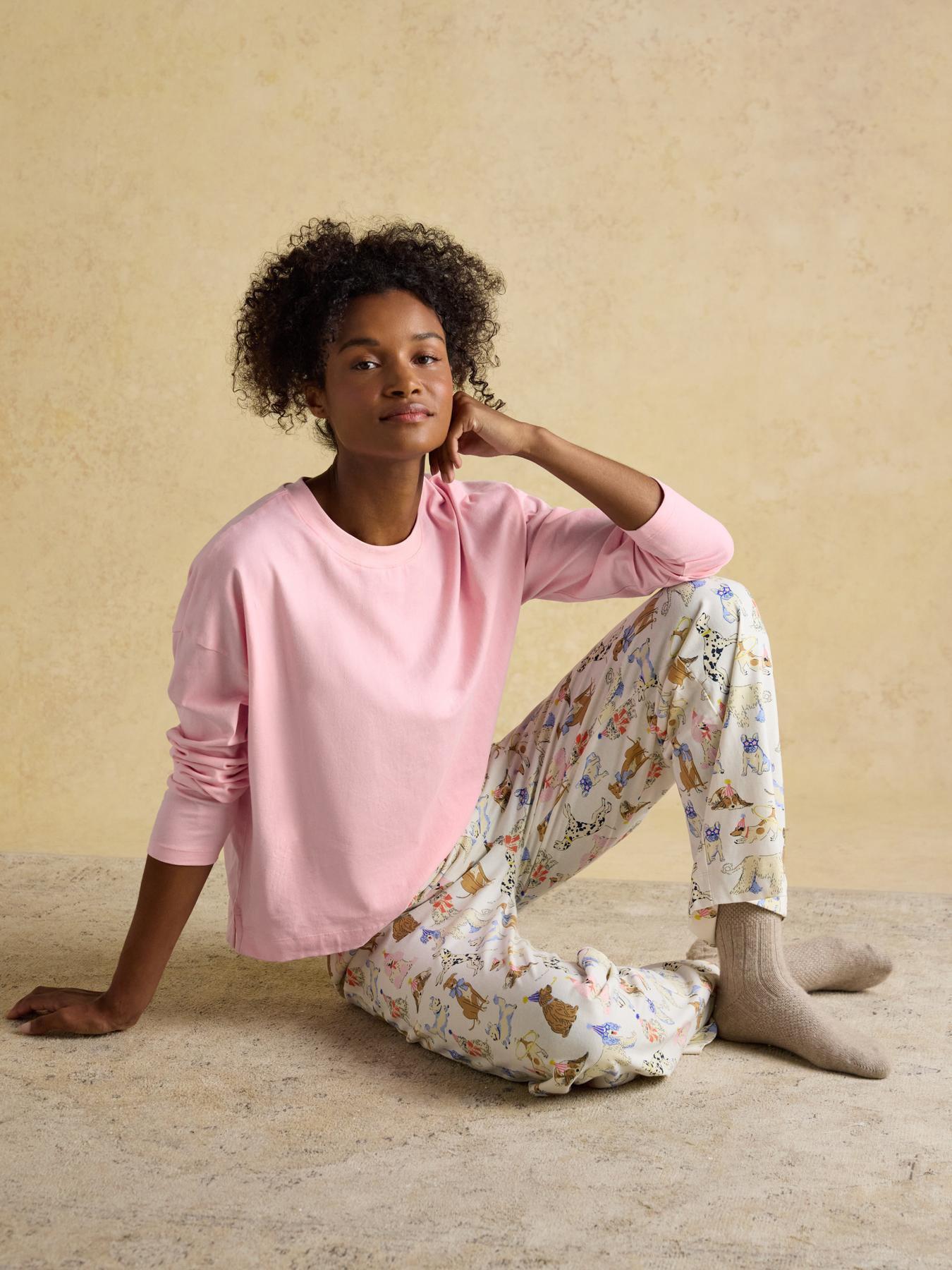  image of joules-lyla-party-dogs-long-sleeve-jersey-cotton-pyjama-set-pinkcream