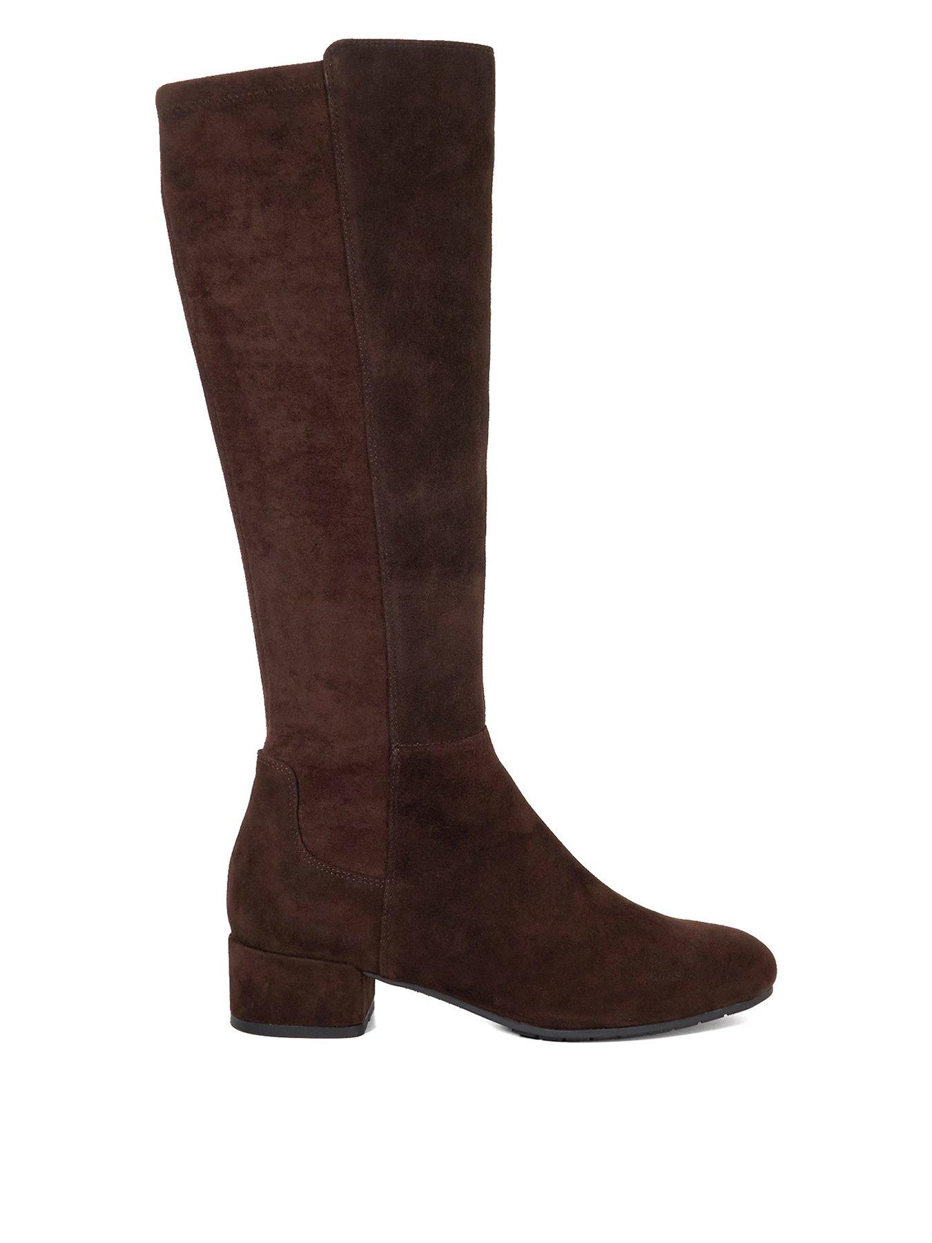 front image of dune-london-wide-fit-tayla-suede-stretch-knee-high-boots-brown