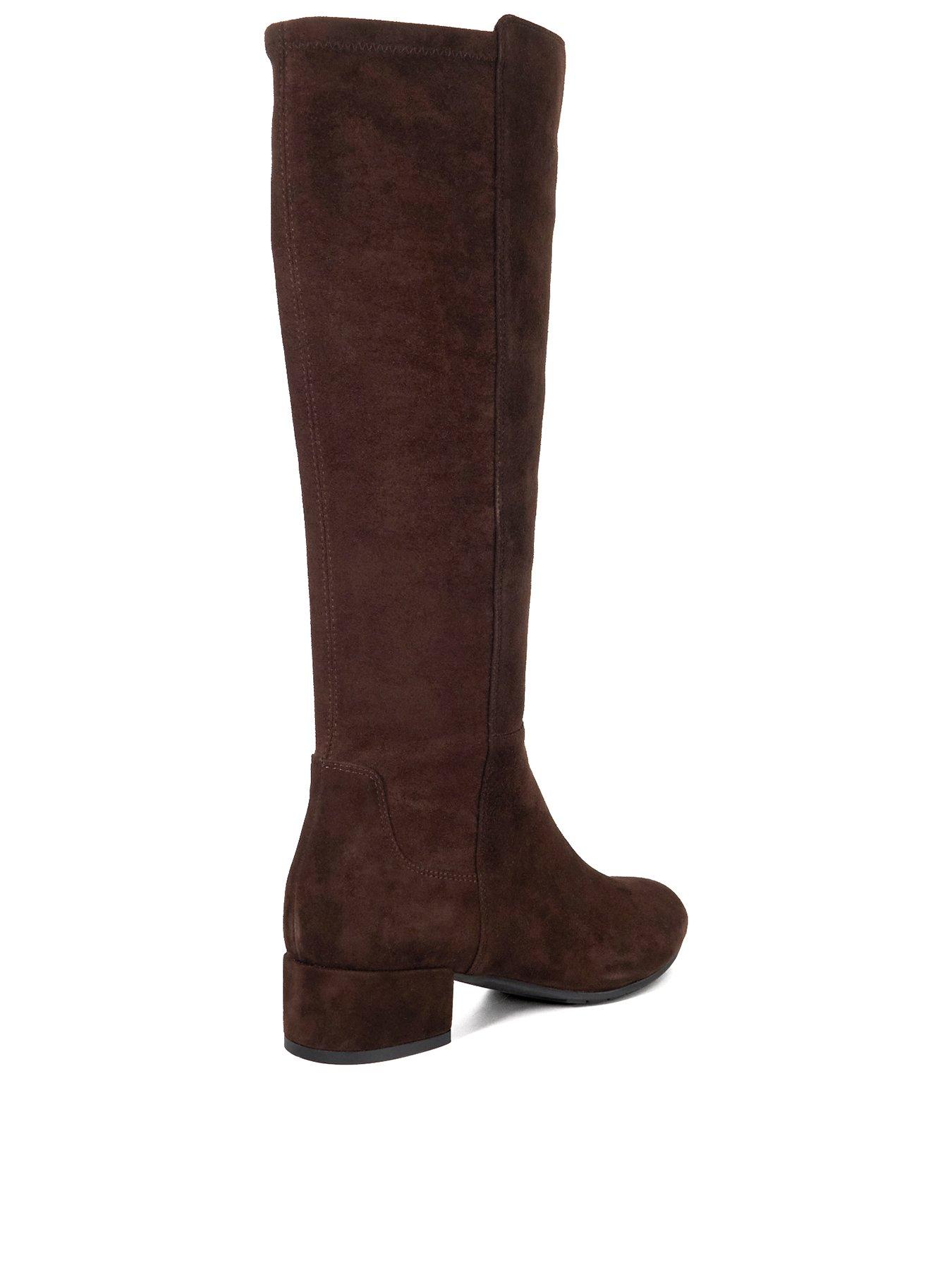  image of dune-london-wide-fit-tayla-suede-stretch-knee-high-boots-brown