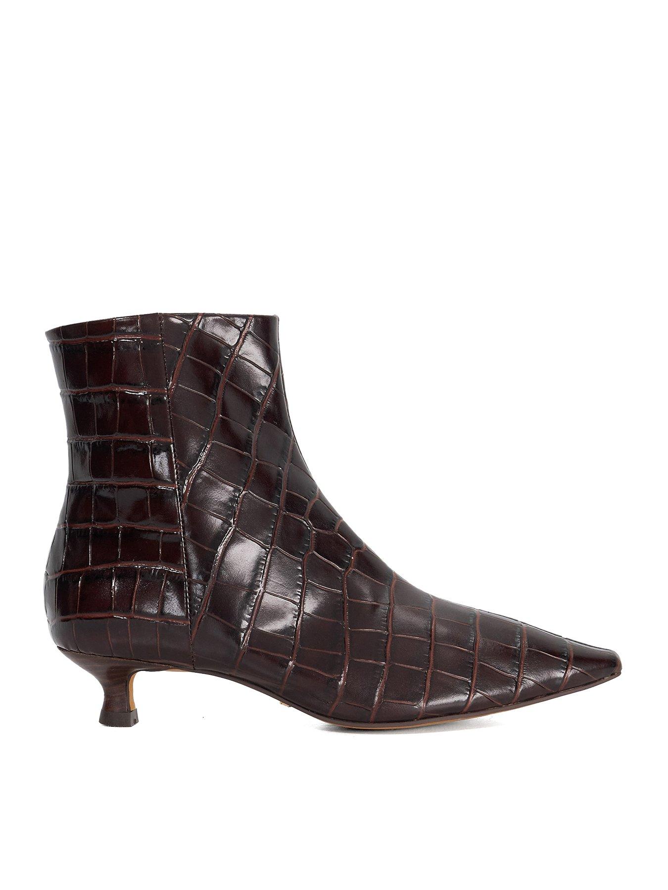 Image 1 of 6 of Dune London Odore Leather Croc Kitten Heel Ankle Boot - Brown