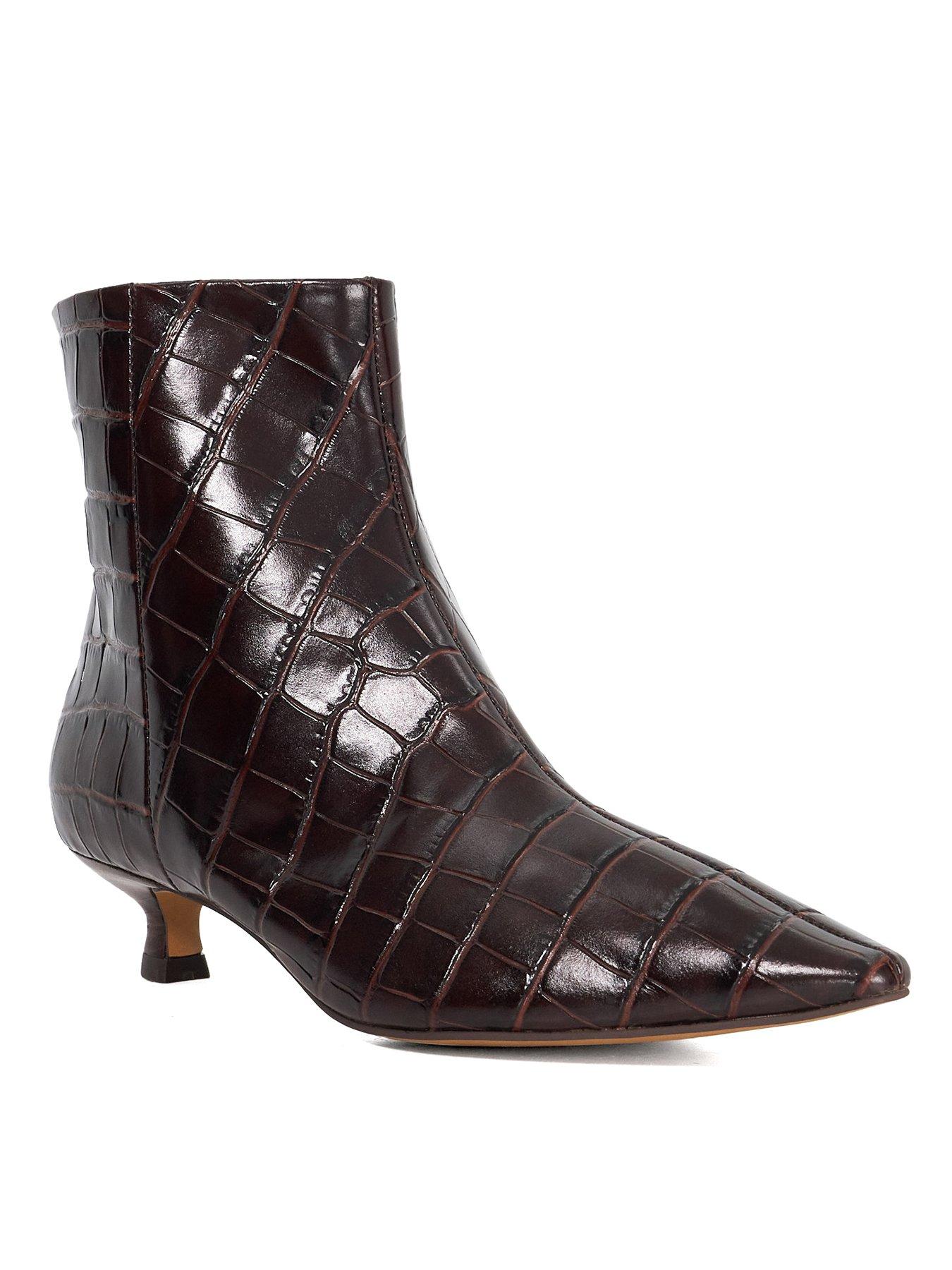 Image 2 of 6 of Dune London Odore Leather Croc Kitten Heel Ankle Boot - Brown