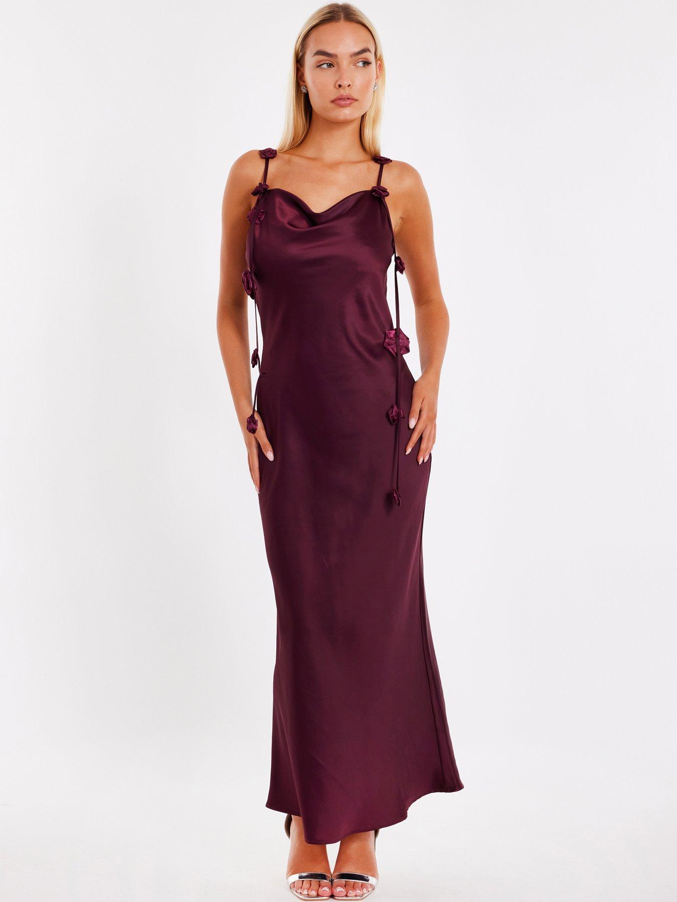 Image 1 of 6 of Quiz Dark Red Satin Midaxi Dress