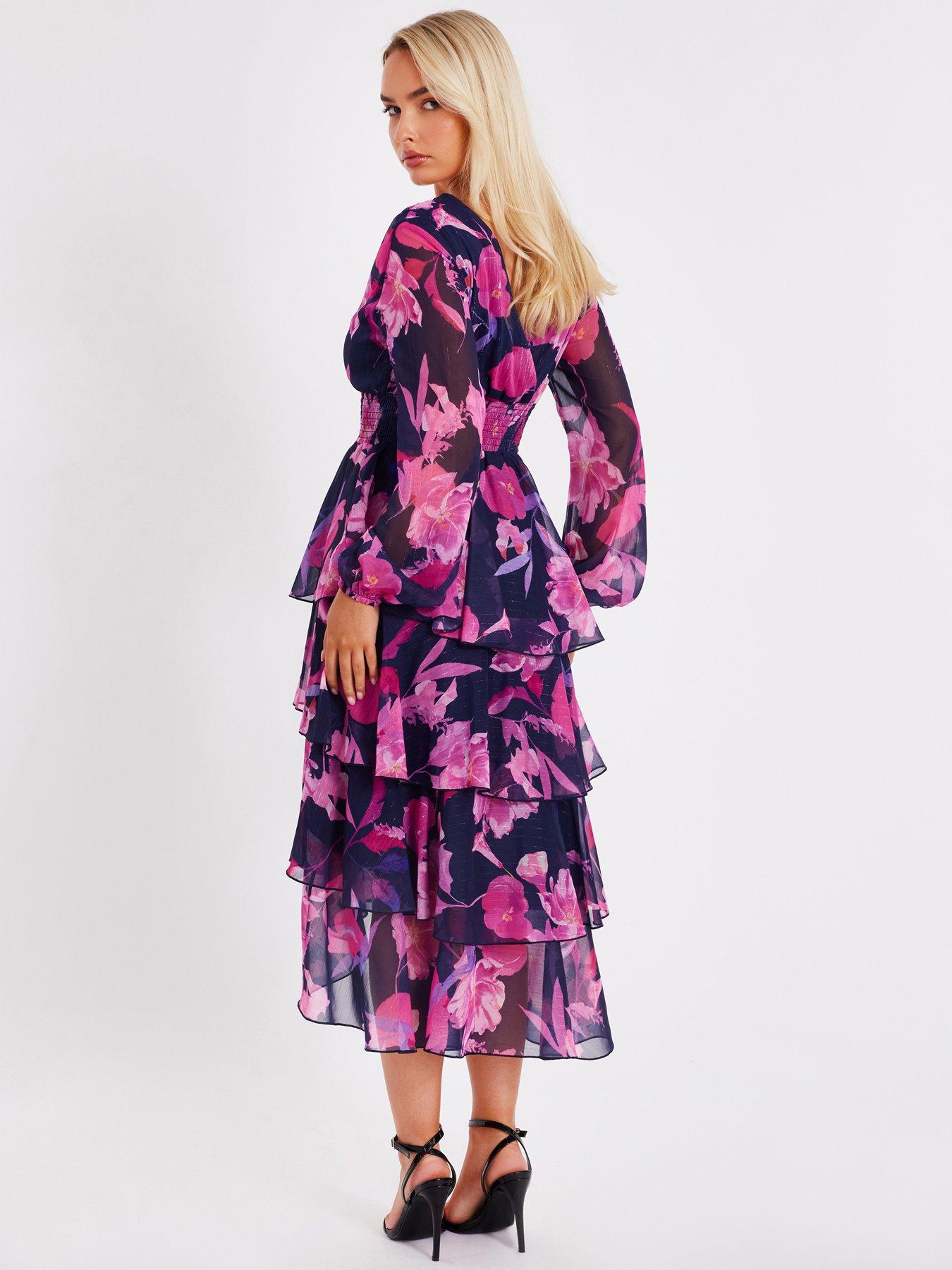 Image 2 of 6 of Quiz Navy Floral Dip Hem Midaxi Dress