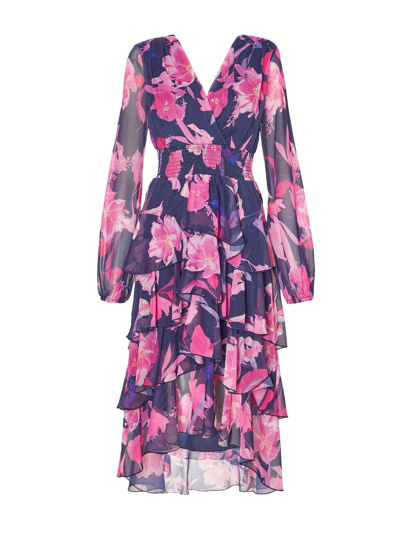 Image 4 of 6 of Quiz Navy Floral Dip Hem Midaxi Dress